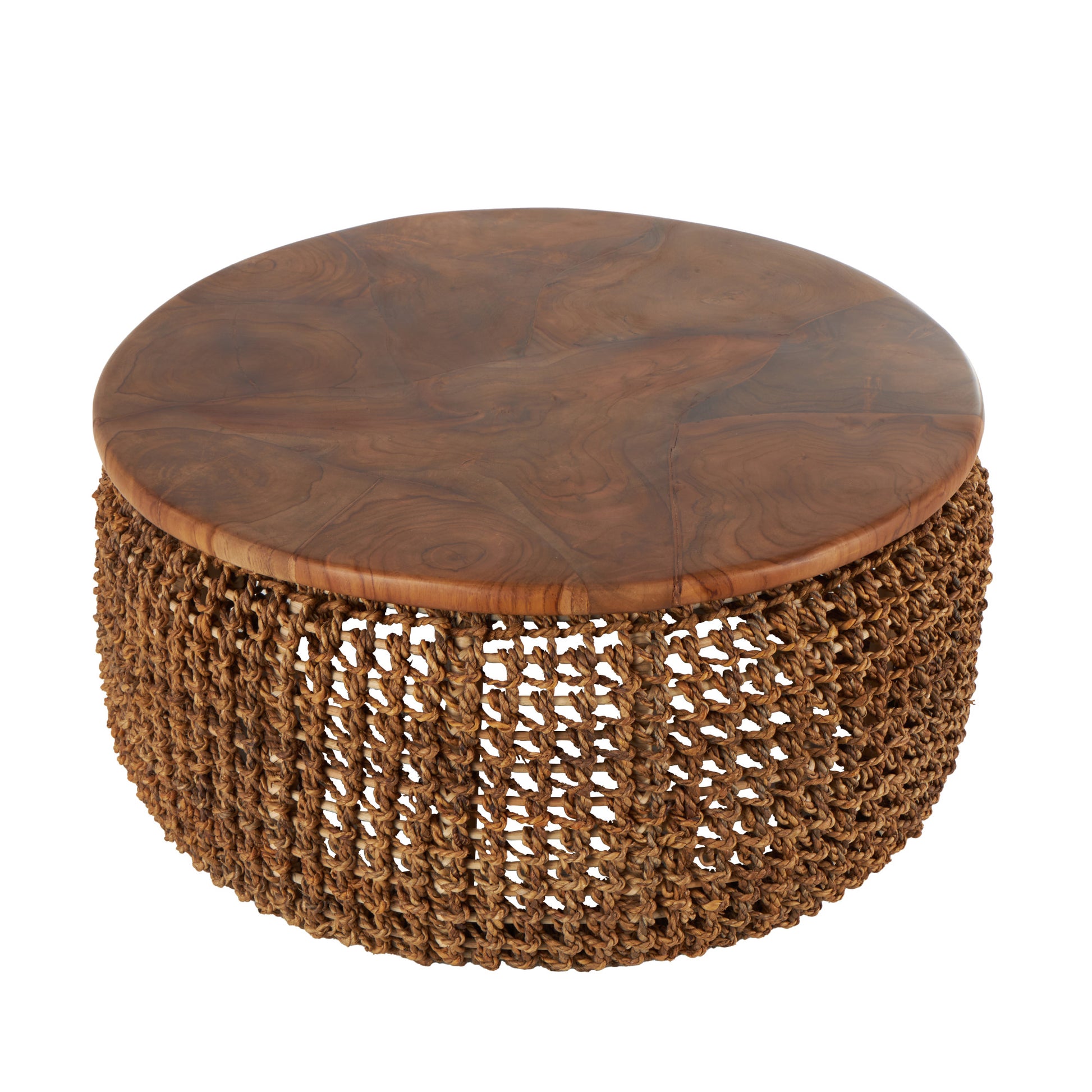 Brown Rattan Woven Living Room Coffee Table with Teak Tabletop