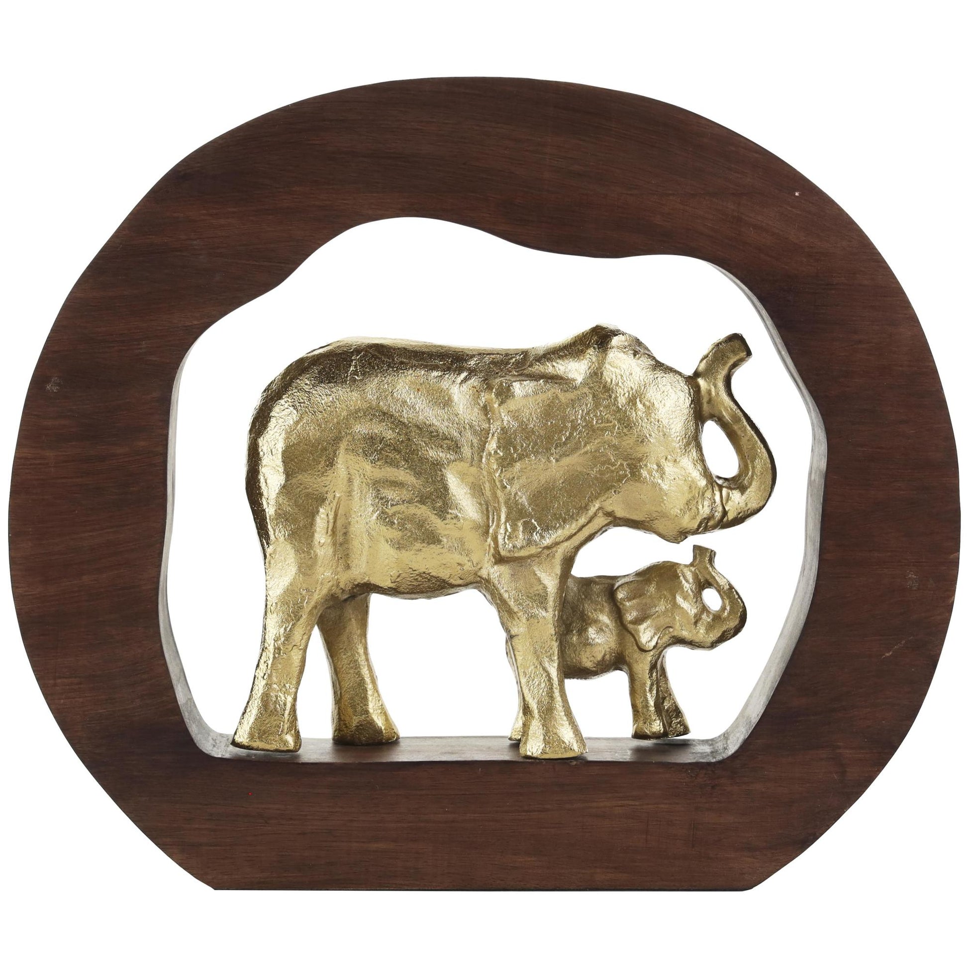 Elephant Gold Aluminum Metal Decorative Sculpture with Brown Wooden Frame