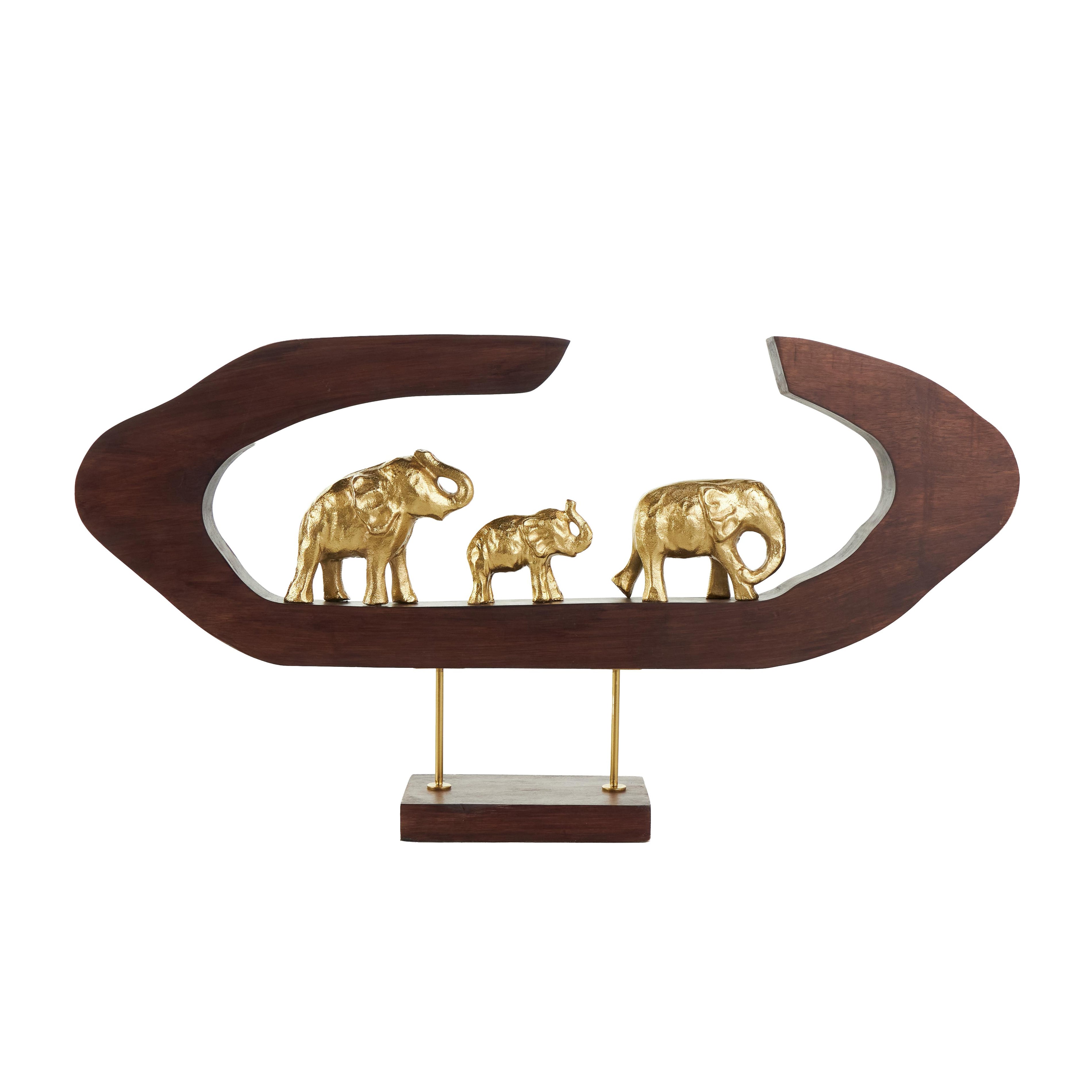 Elephant Gold Aluminum Metal Decorative Sculpture with Brown Wooden Frame