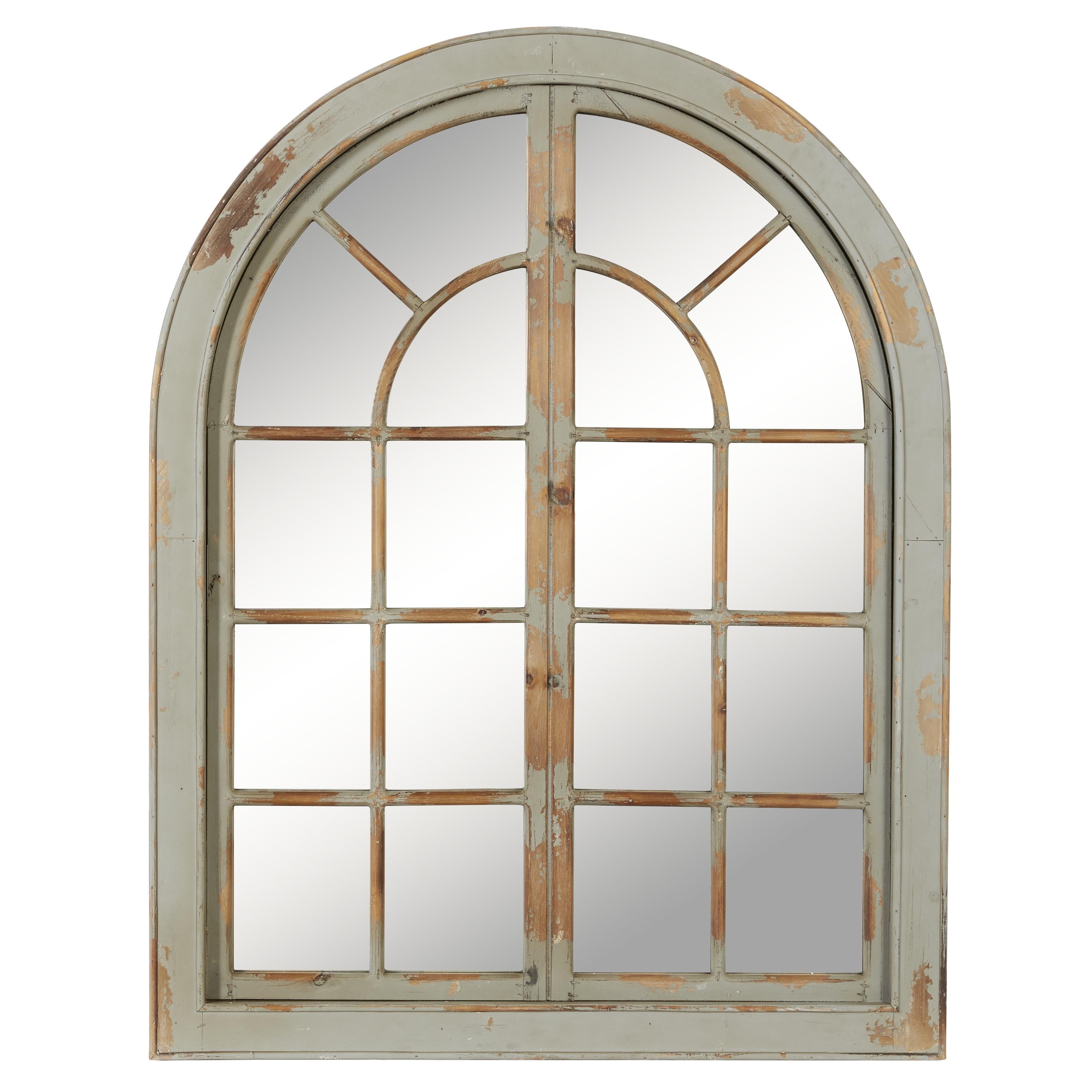 Wood Window Pane Inspired Room Wall Mirror with Arched Top and Distressing