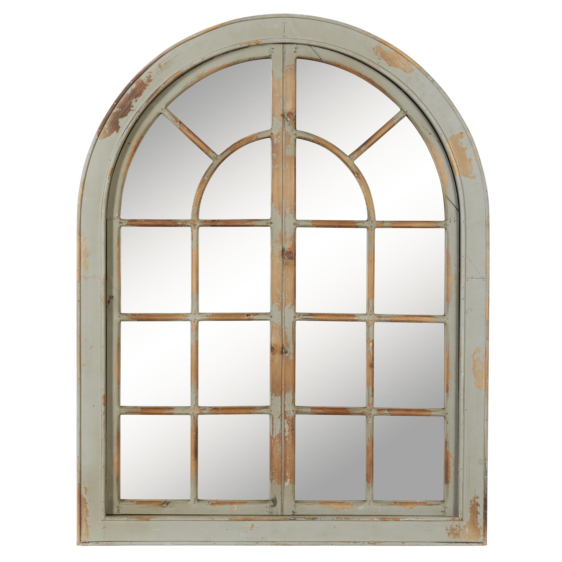 Wood Window Pane Inspired Room Wall Mirror with Arched Top and Distressing