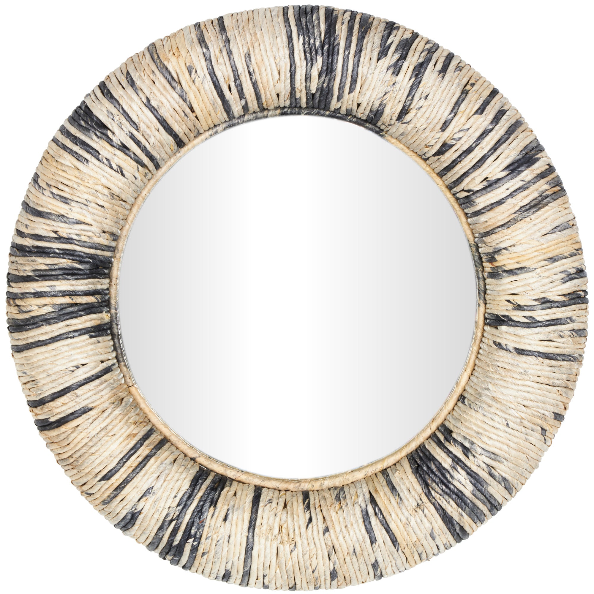 Beige Banana Leaf Room Wall Mirror with Coiled Frame and Blue Accents