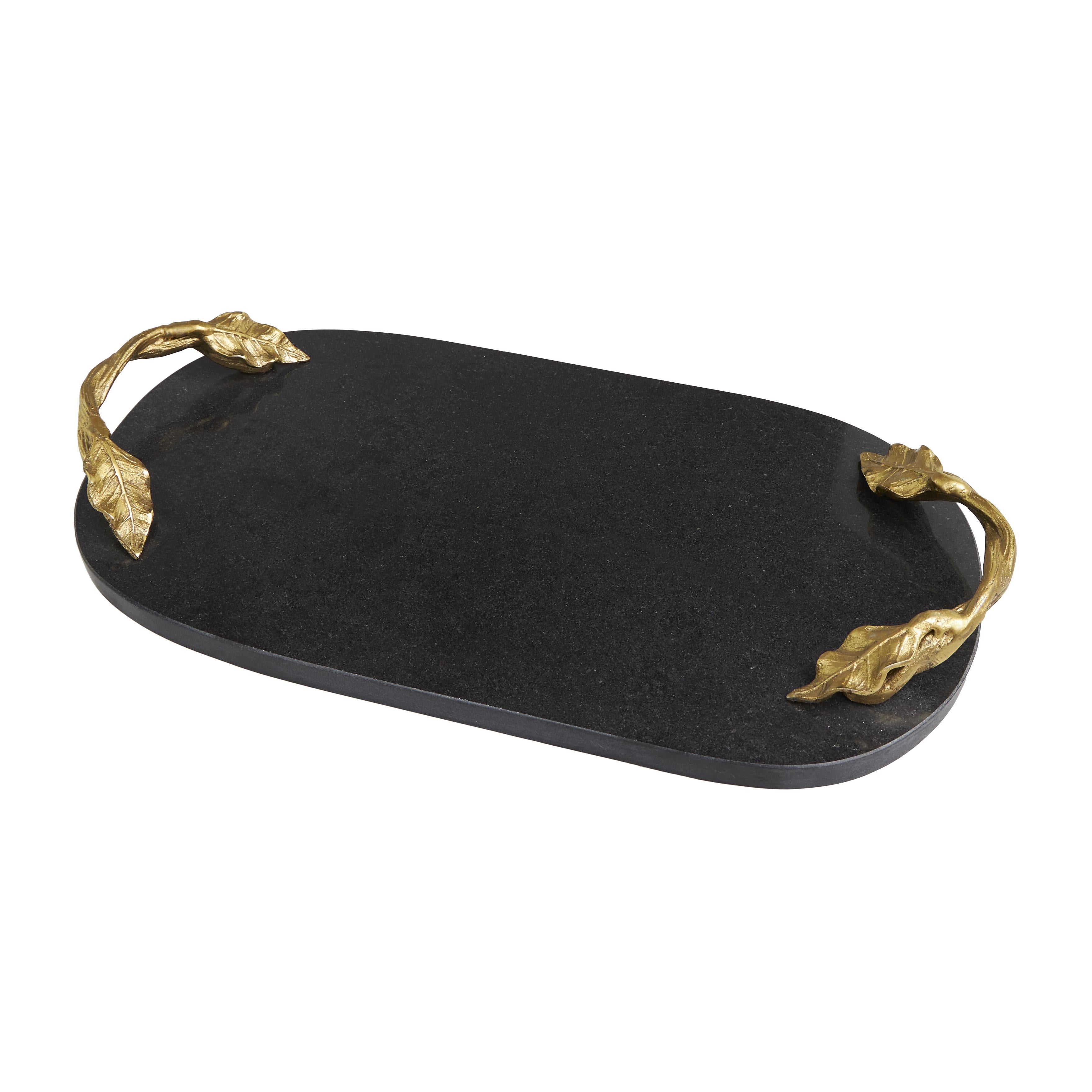 Leaf Marble Oval Living Room Decor Tray with Gold Twisted Metal Handles