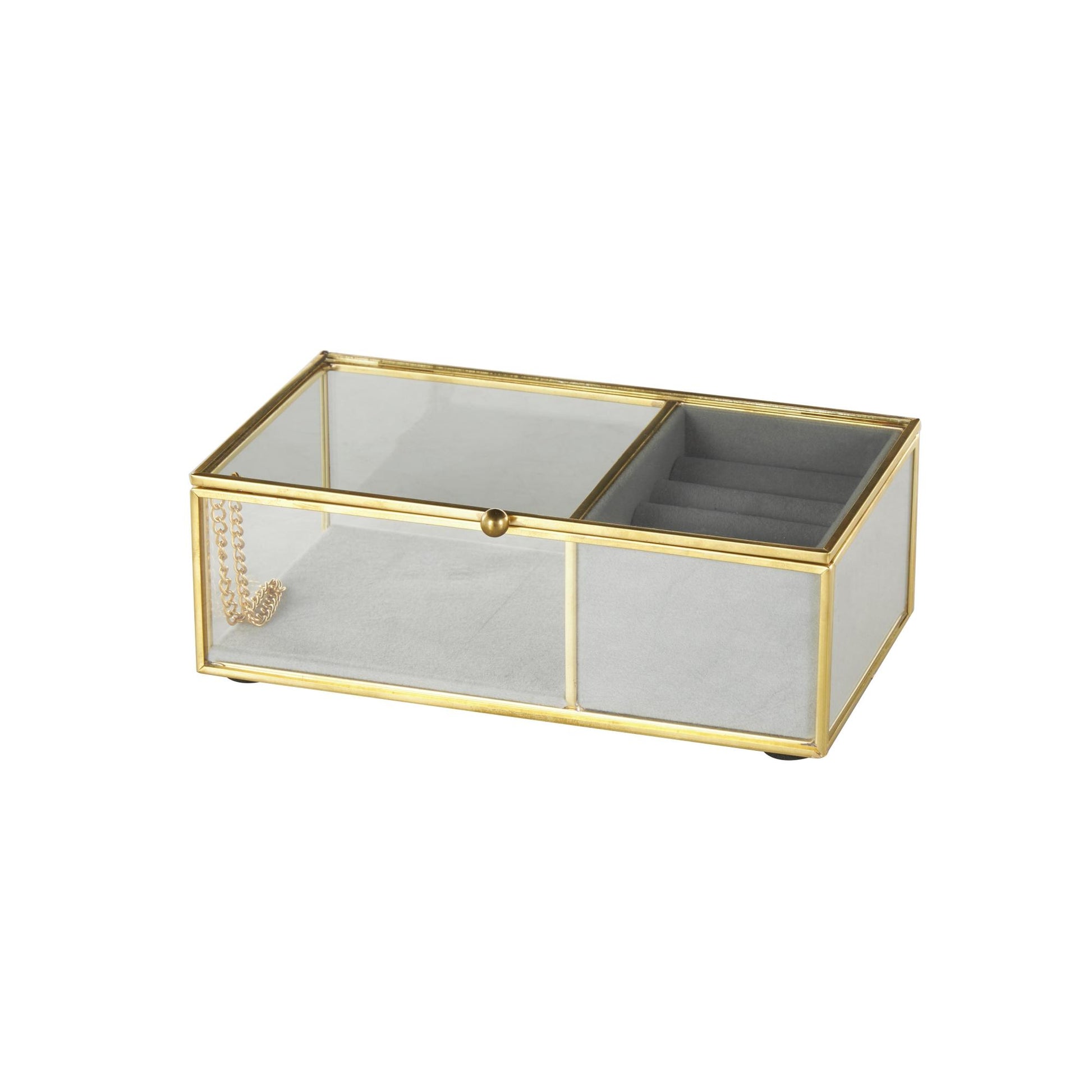 Clear Glass Decorative Jewelry Box with Gold Metal Frame and Gray Fabric Interior with Ring Slots