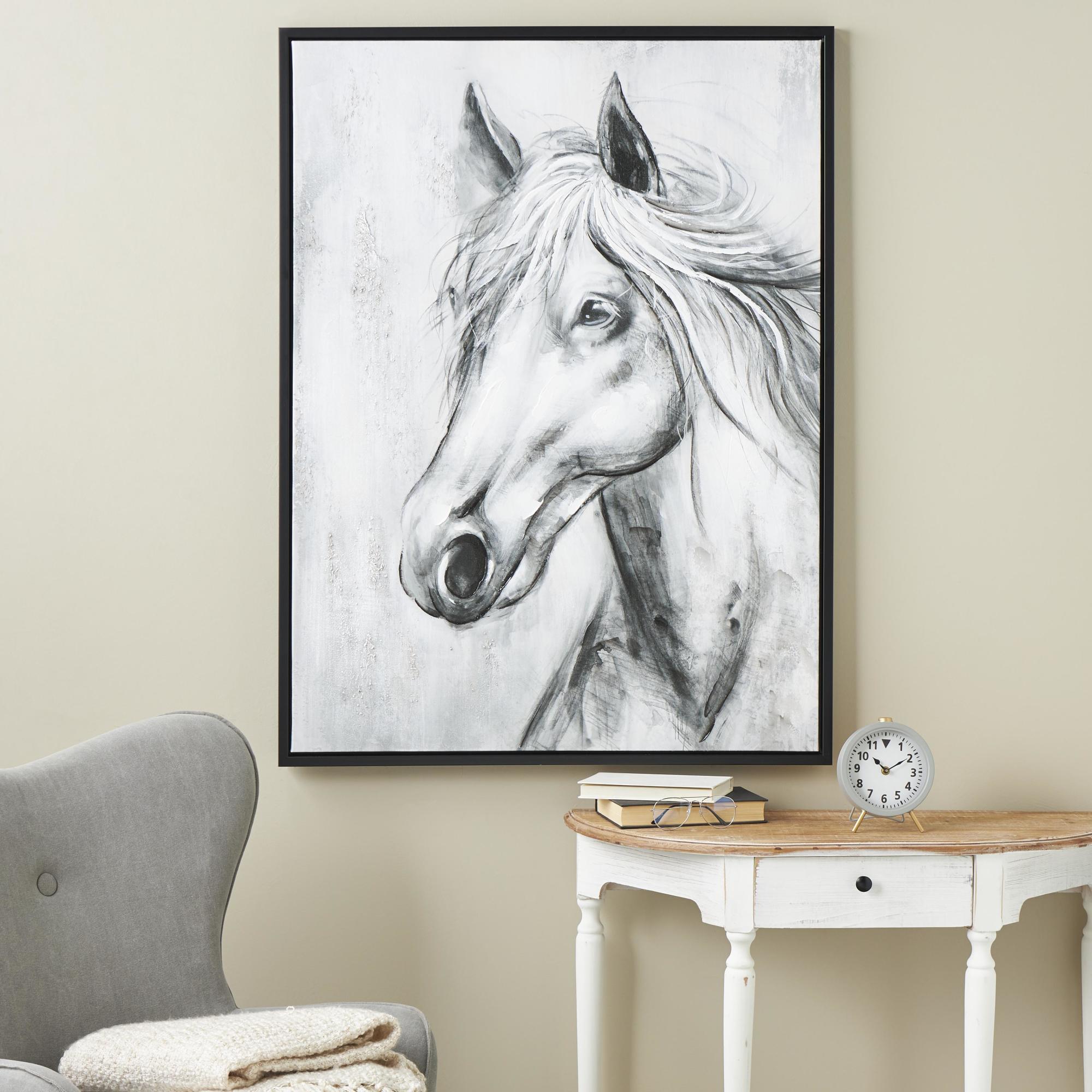Horse Black Canvas Hand Drawn Inspired Shaded Living Room Framed Wall Art with White Background