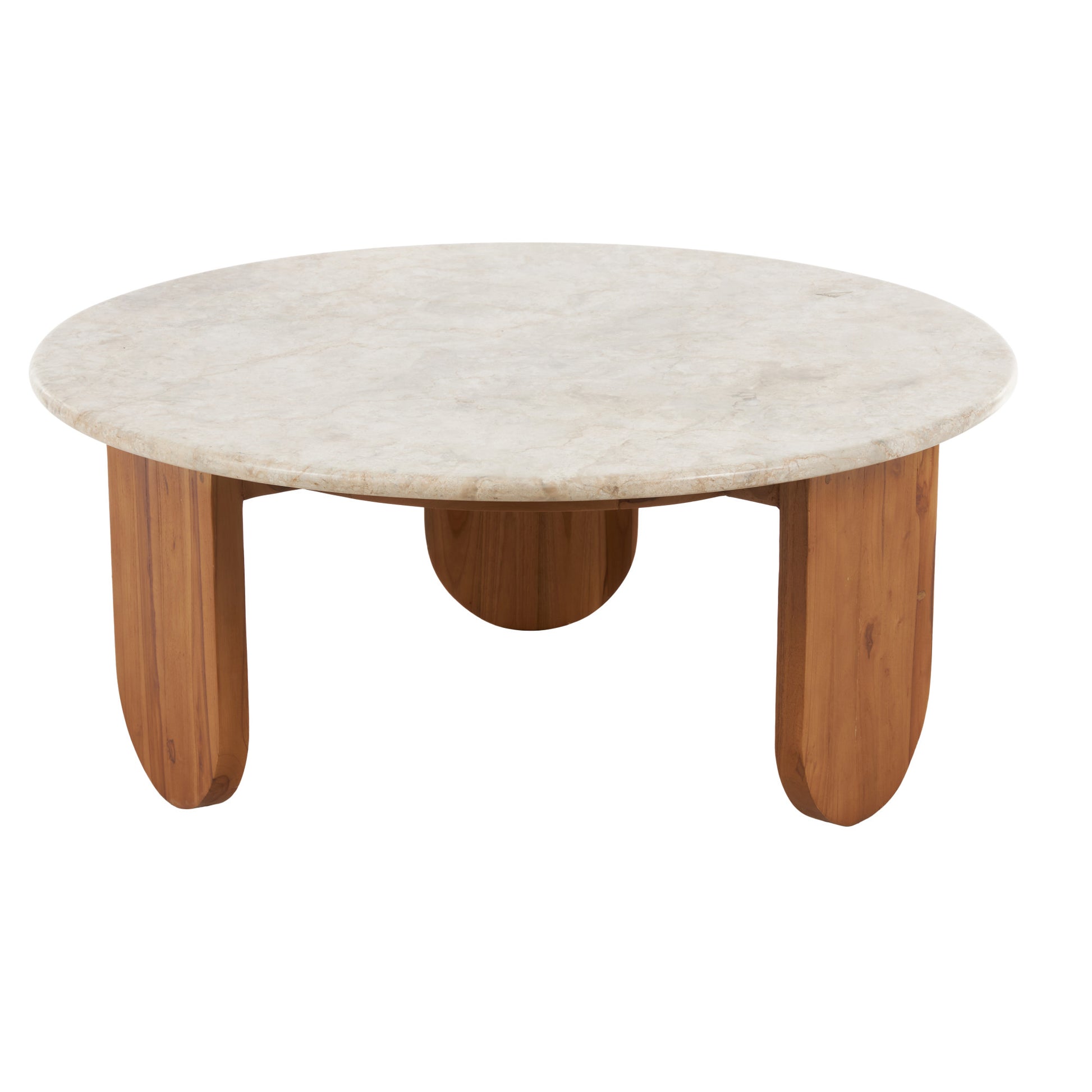 Brown Teak Wood Handmade Living Room Coffee Table with Beige Marble Tabletop