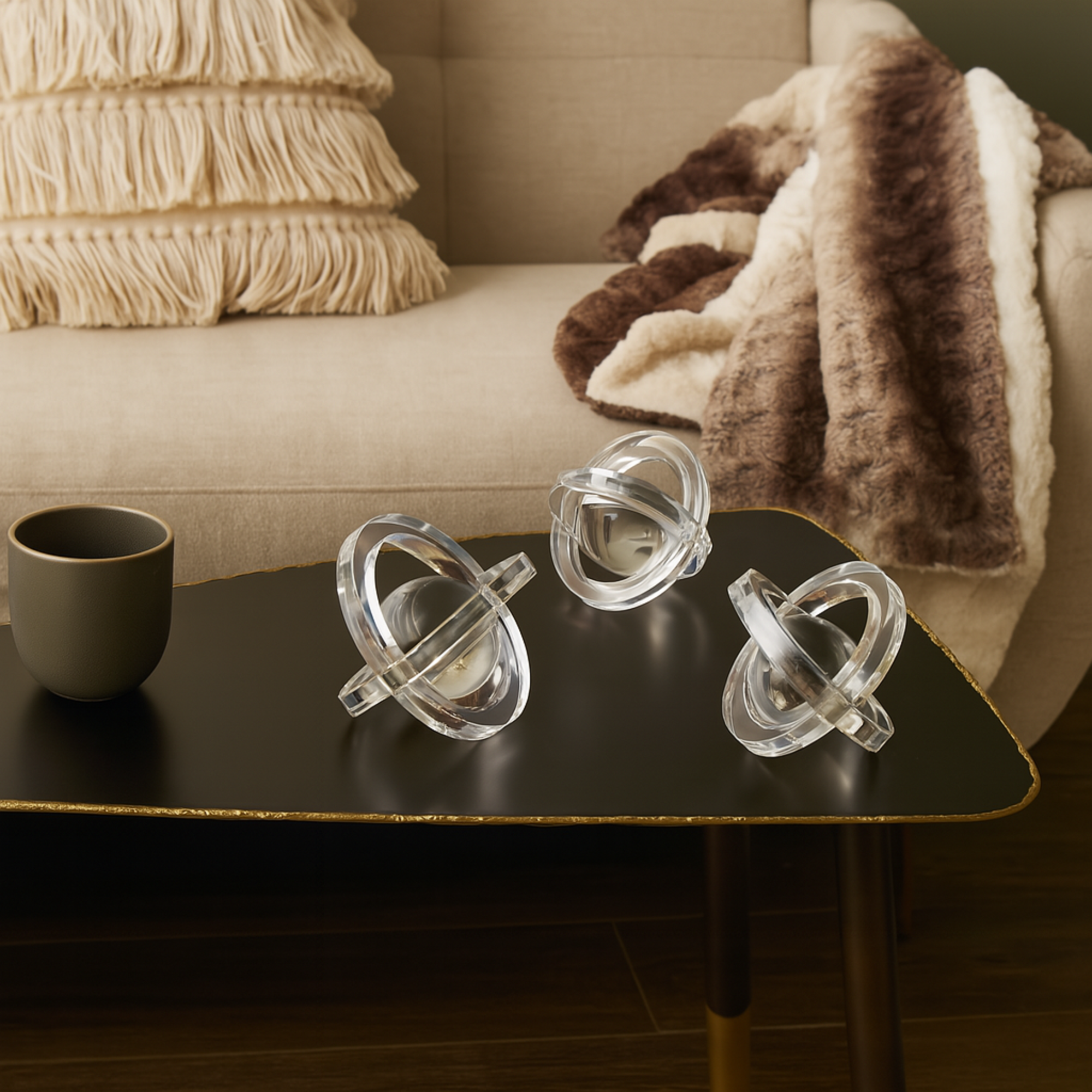 Set of 3 Geometric Clear Glass Orb Decorative Sculpture with Overlapping Rings and Ball Center