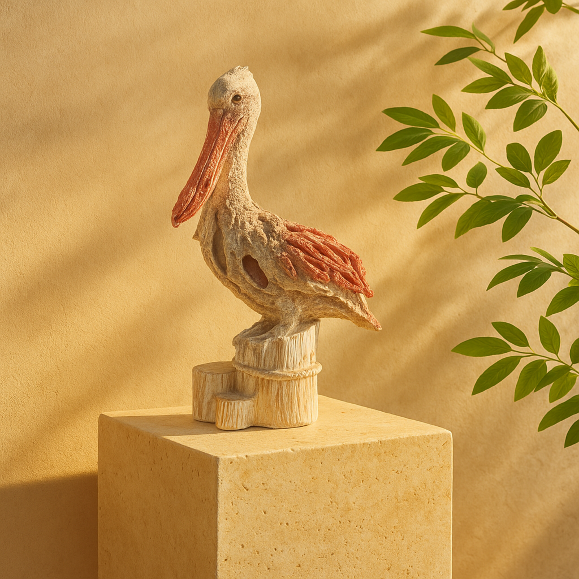 Pelican Polystone Textured Decorative Sculpture with Red Feathers and Round Blocks 8" x 4" x 13"