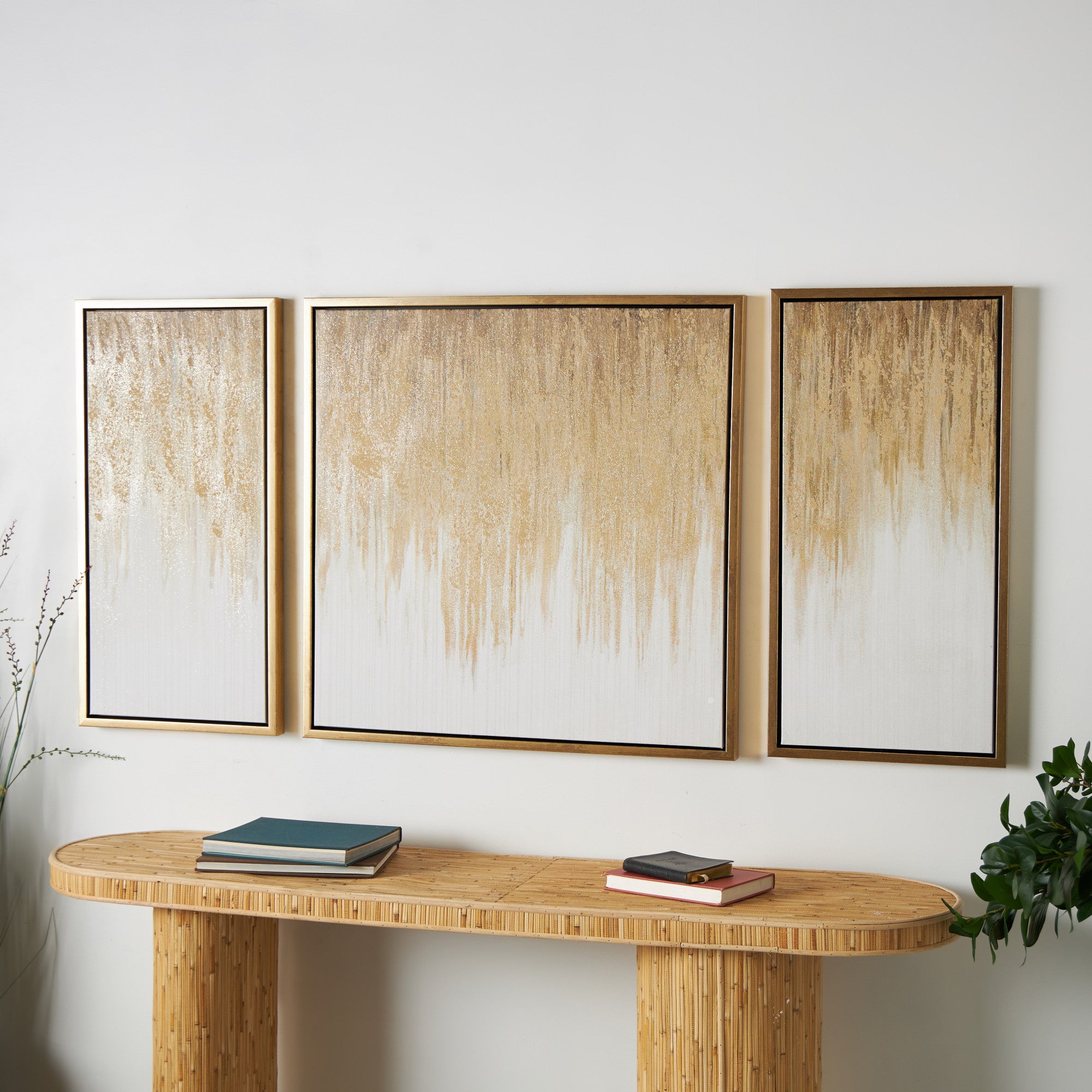 Set of 3 Geode Gold Canvas Ombre Living Room Framed Wall Art with Gold Frame