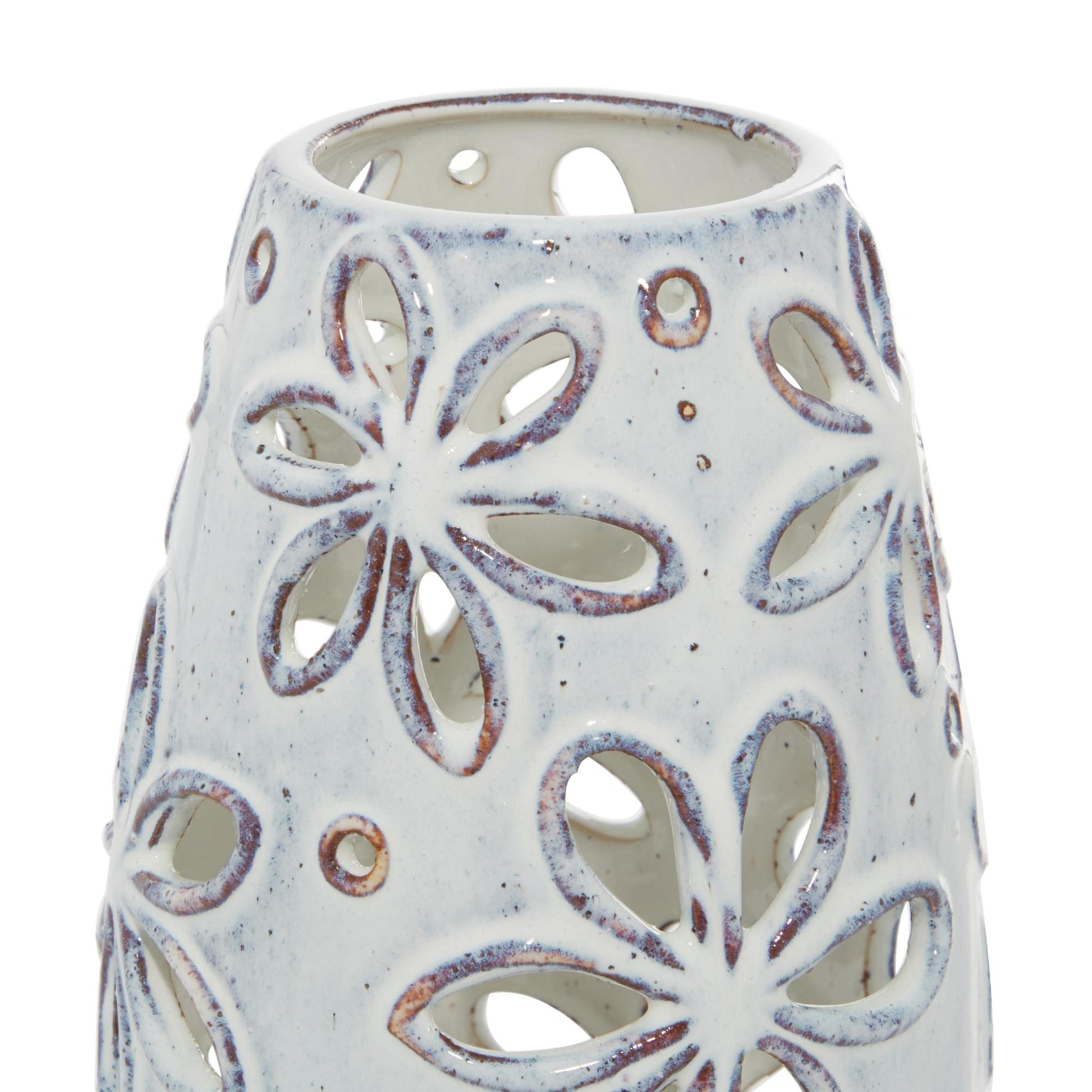 Set of 2 Floral White Ceramic Handmade Daisy Cut Out Decorative Vase