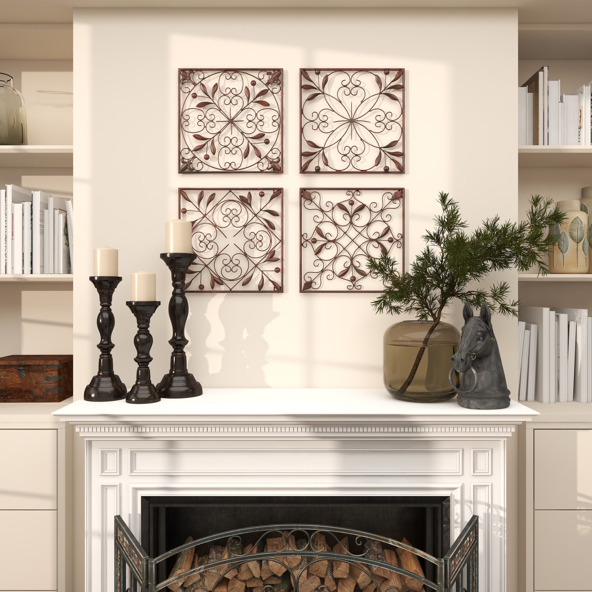 Set of 4 Scroll Dark Brown Metal Home Wall Decor