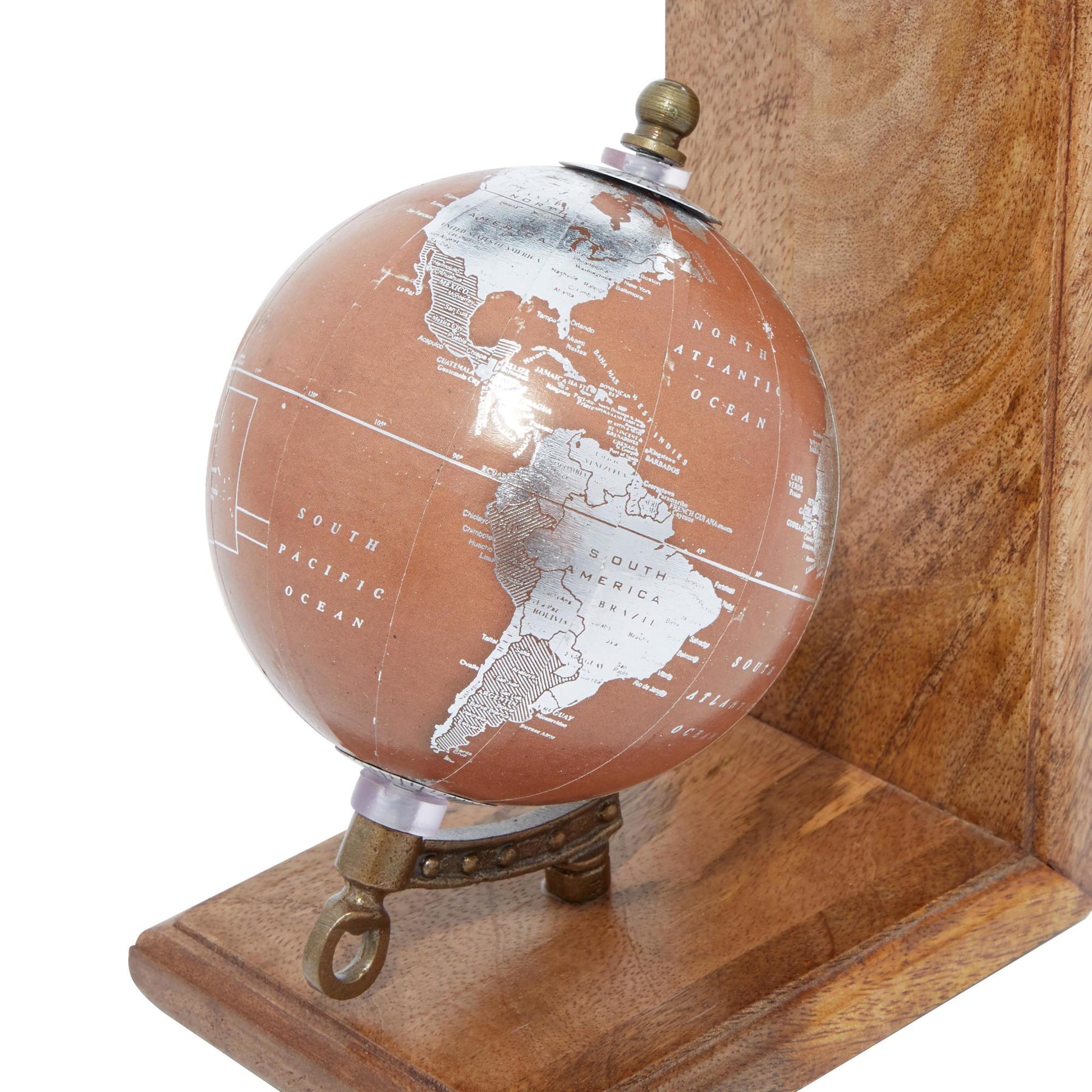 Set of 2 Globe Brown Wood Decorative Bookends