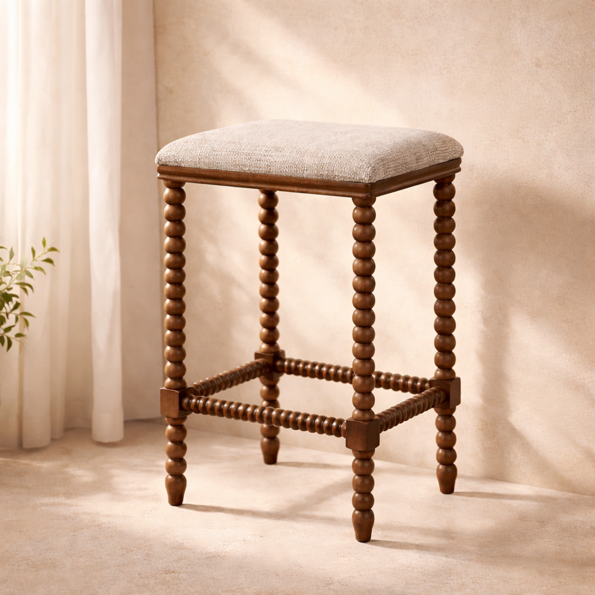 Fabric Home Bench Stool with Traditional Wood Turned Legs