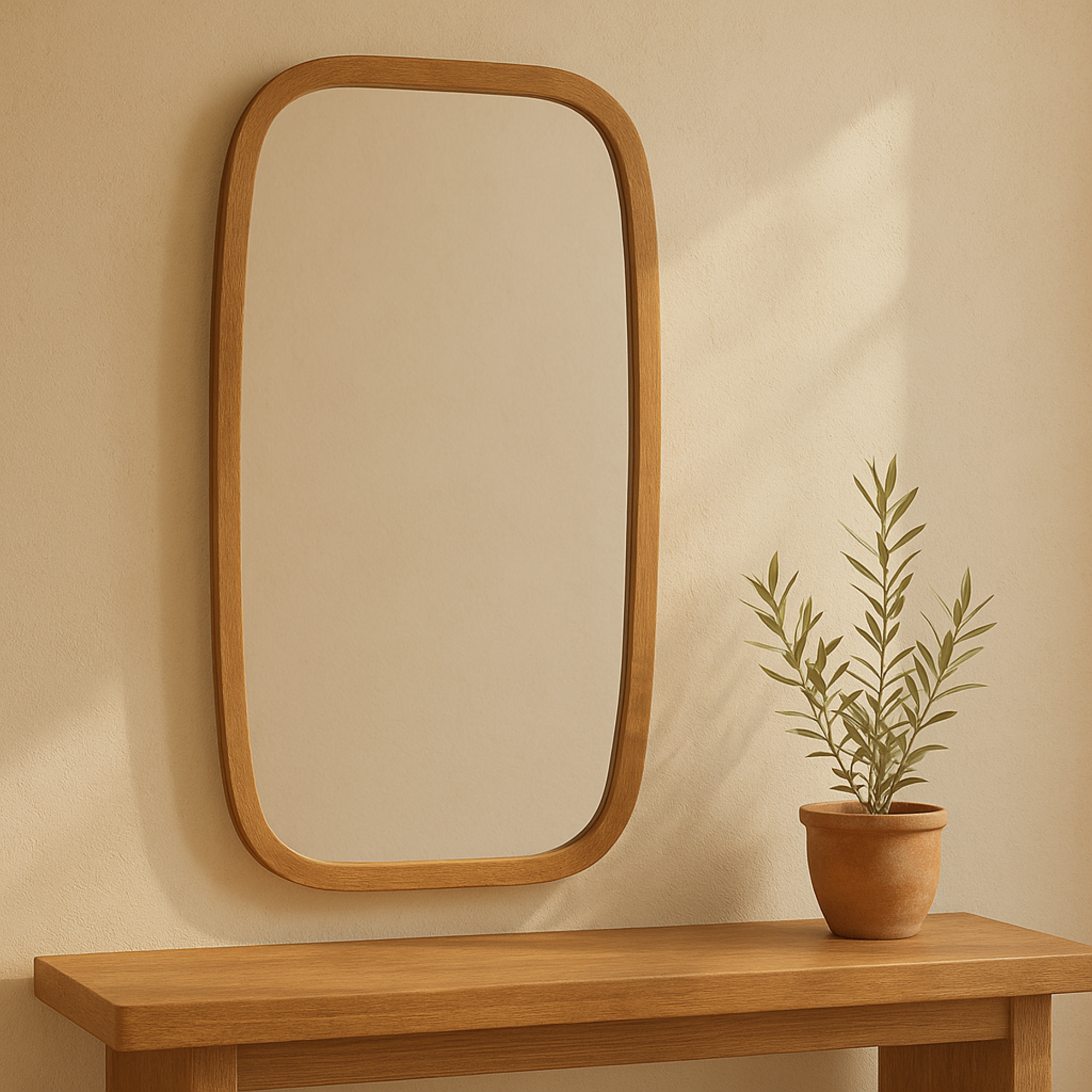Brown Wooden Room Wall Mirror with Natural Wood Grain and Rounded Edges