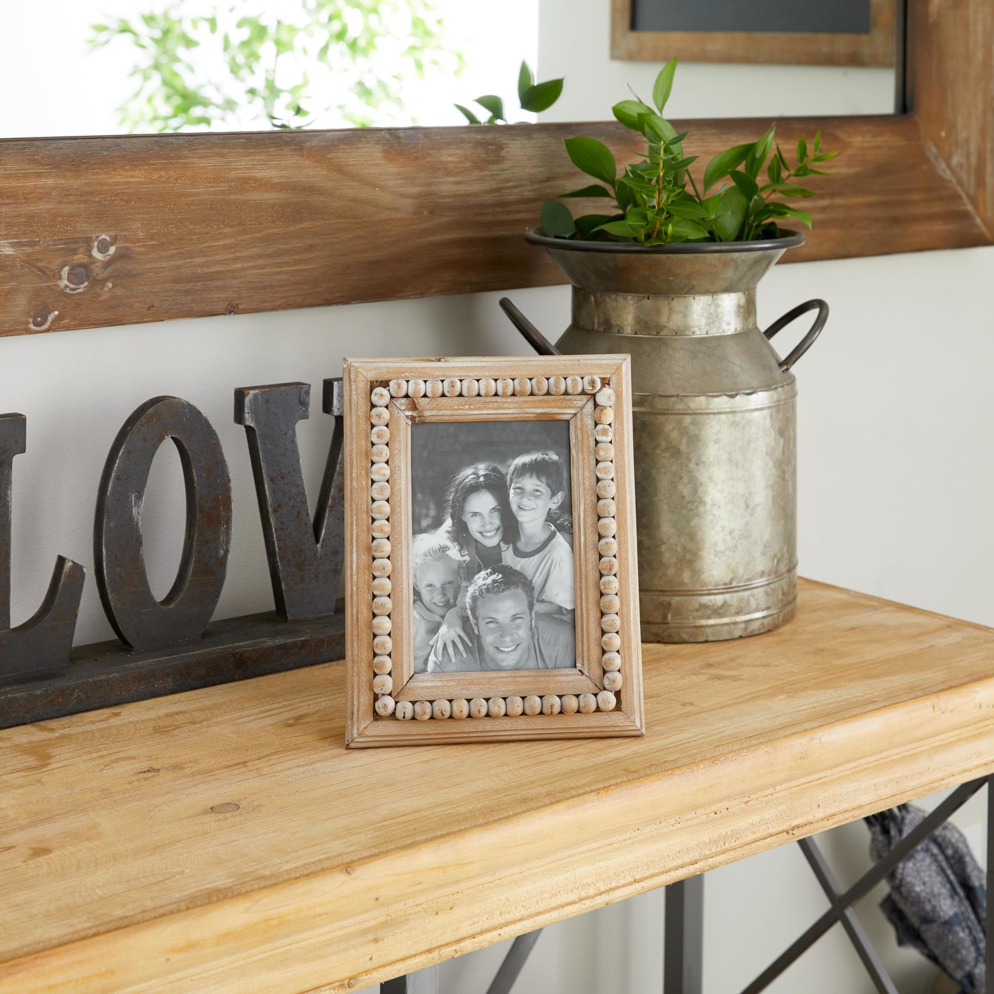 Light Brown Wood Beaded 1 Slot Ornate Photo Frame