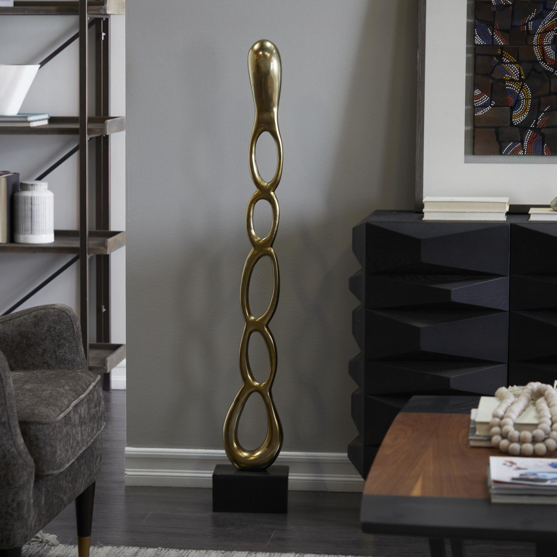 Abstract Aluminum Metal Tall Linked Floor Decorative Sculpture with Black Base