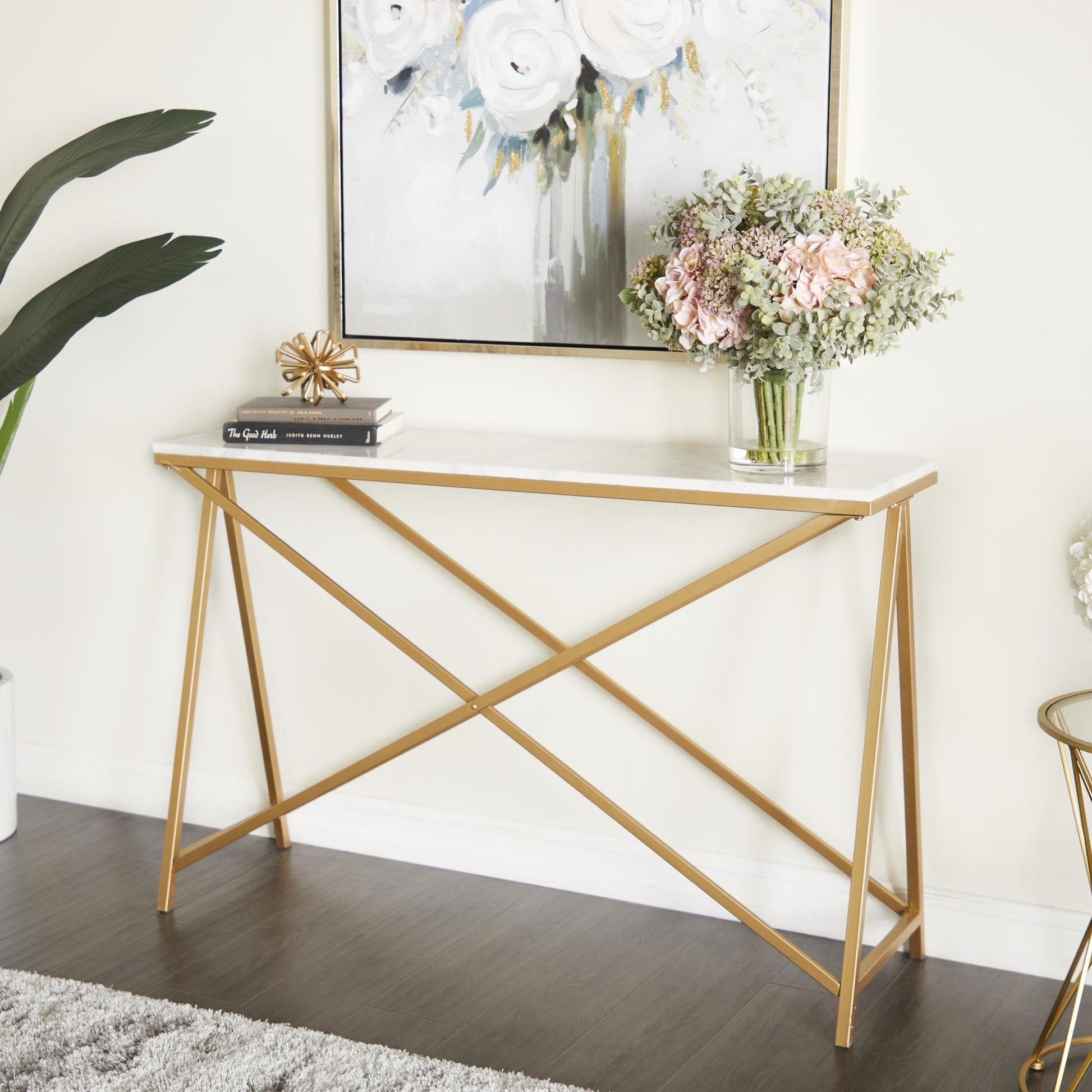 White Marble Rectangular Living Room Console Table with Gold Metal Stand