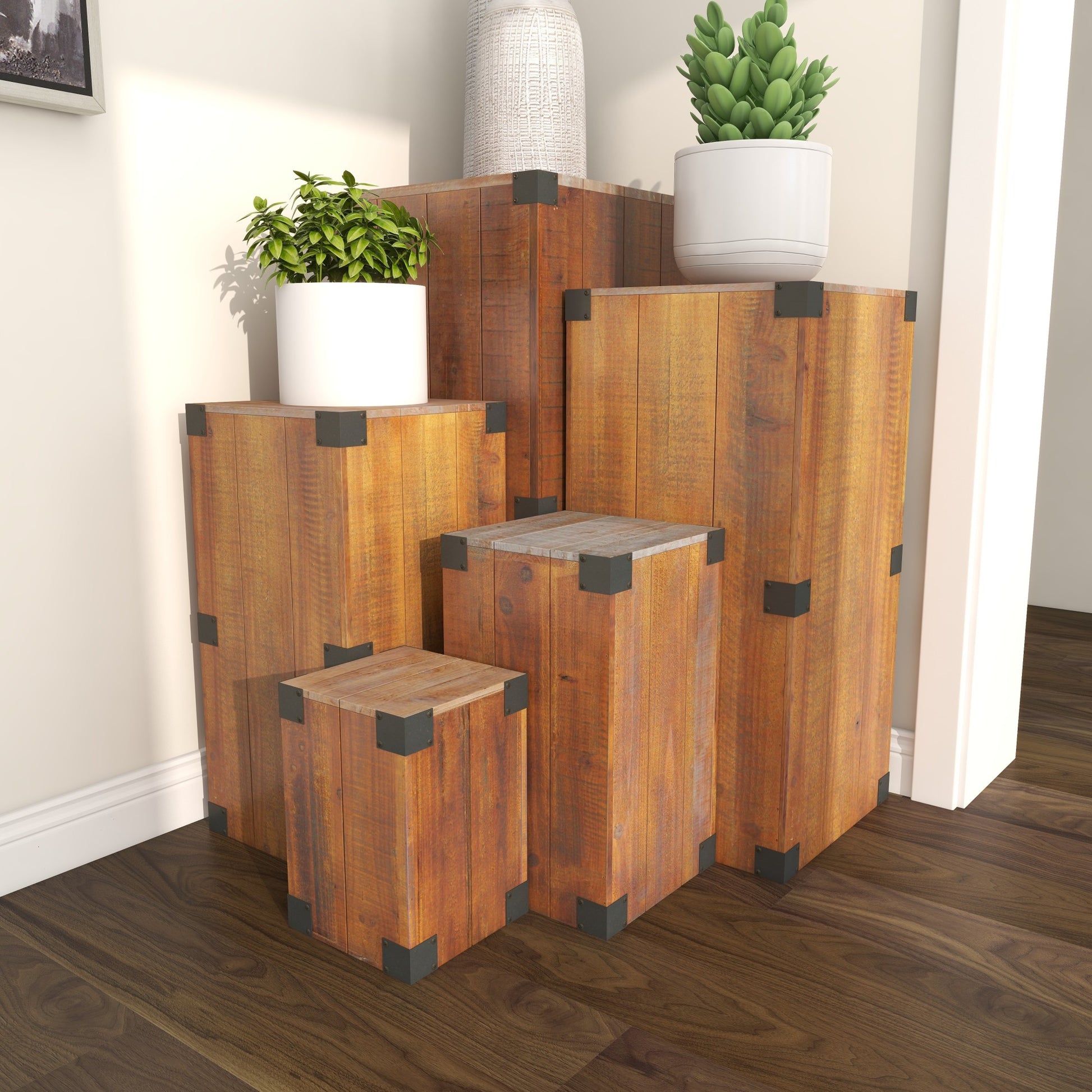 Set of 5 Brown Wood Pillar Style Side End Pedestal Table with Metal Corner Brackets