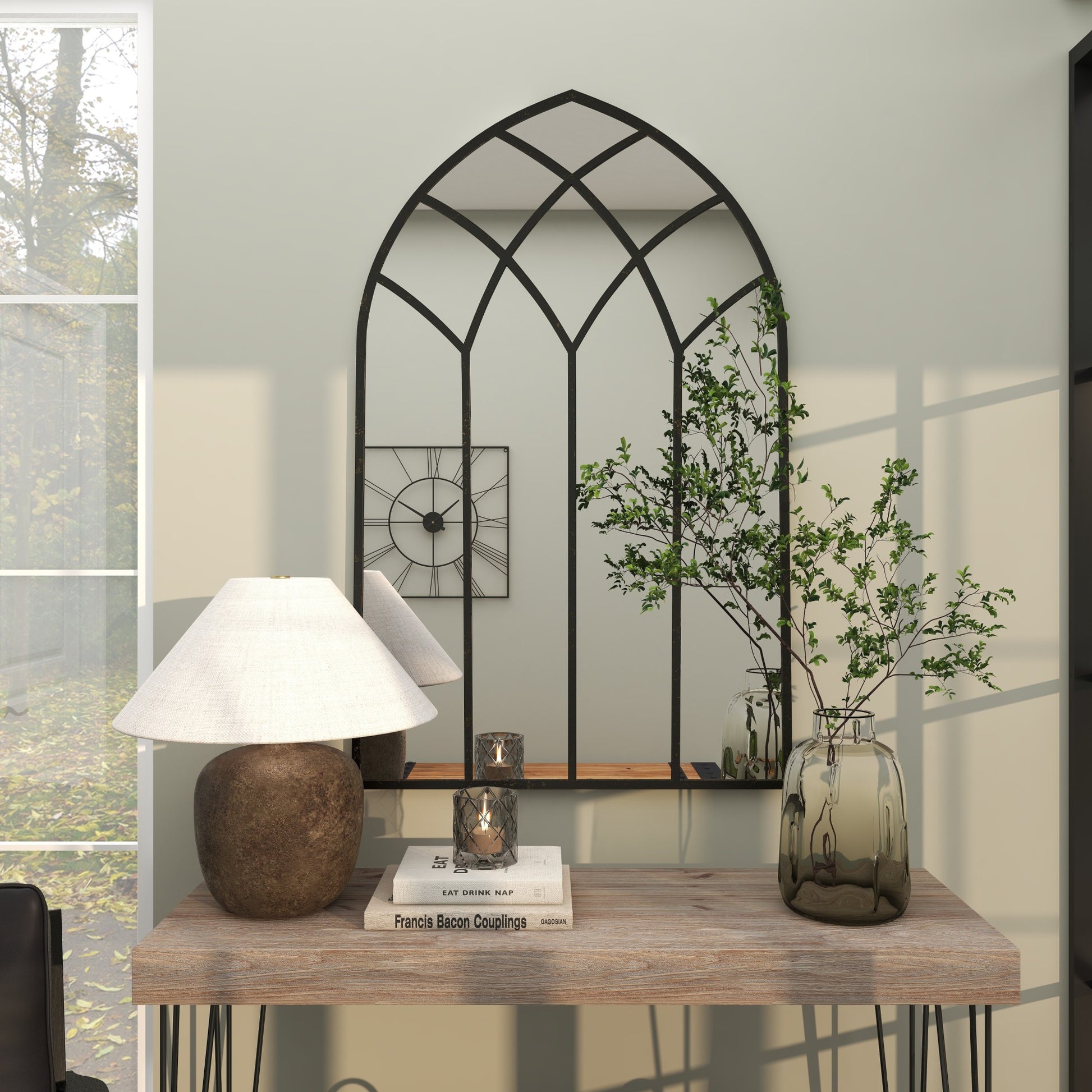 Black Metal Arched Window Pane Room Wall Mirror