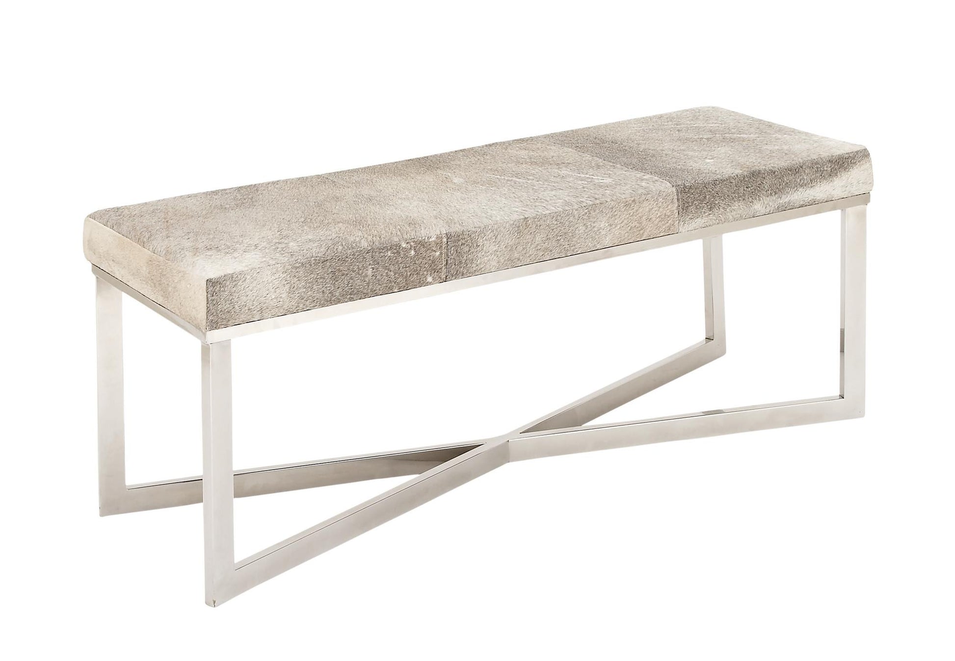 Gray Leather Handmade Cowhide Home Bench with Silver Metal Base