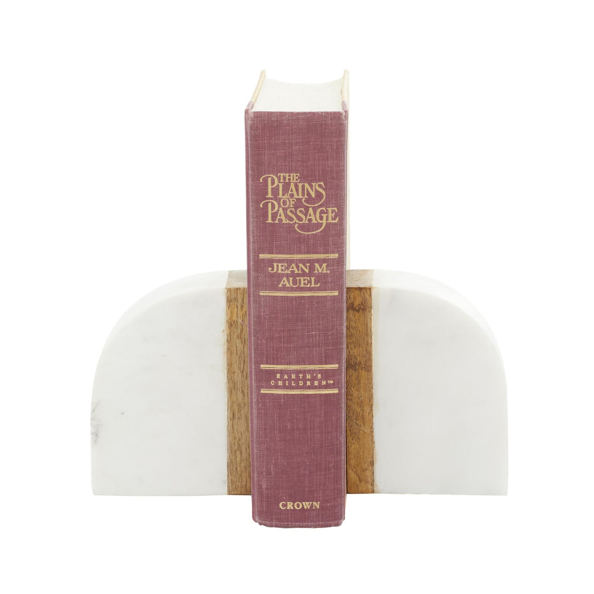 Set of 2 Geometric White Marble Arch Decorative Bookends with Wood Accent
