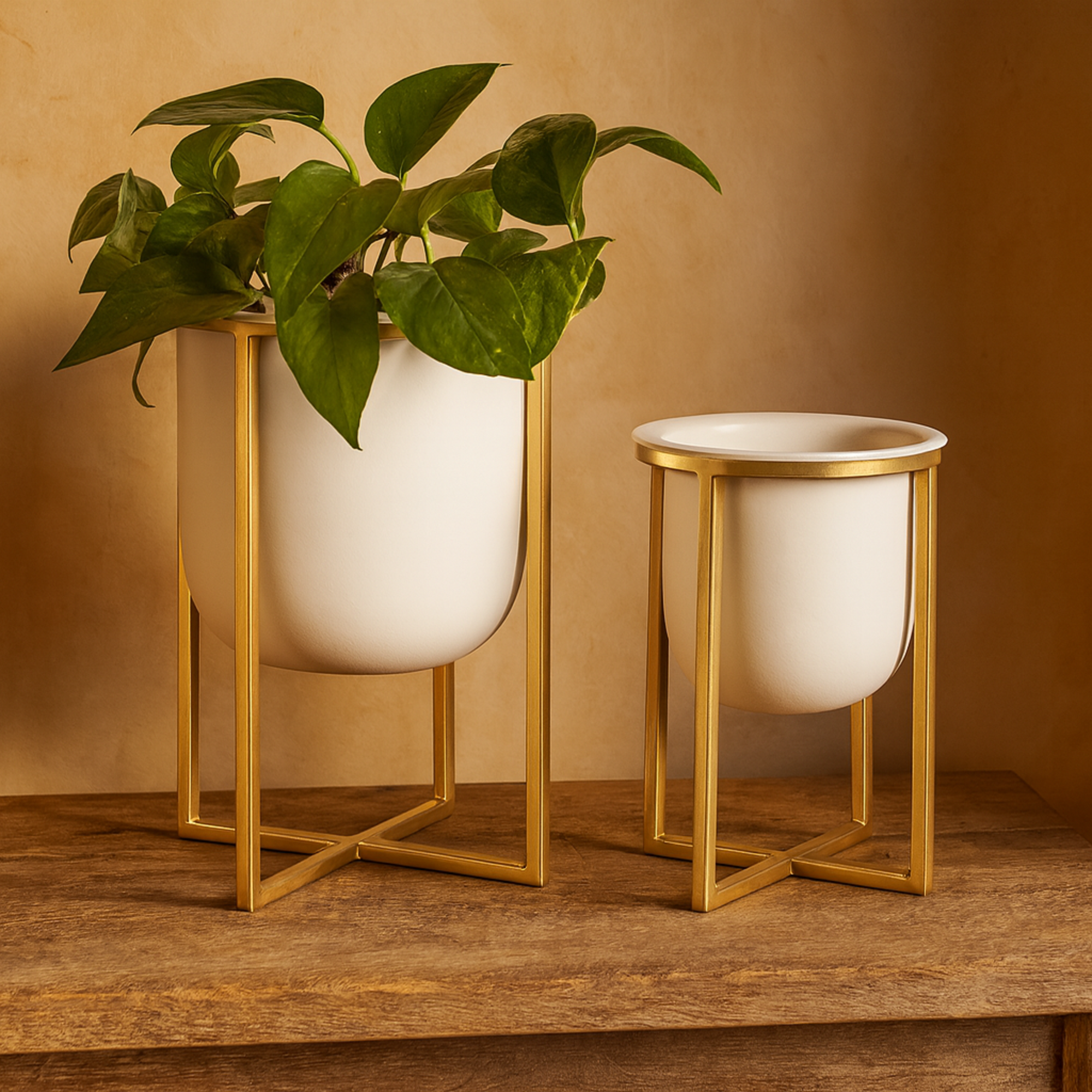 CosmoLiving by Cosmopolitan Set of 2 White Metal Dome Indoor Outdoor Planter with Gold X-Shaped Stands