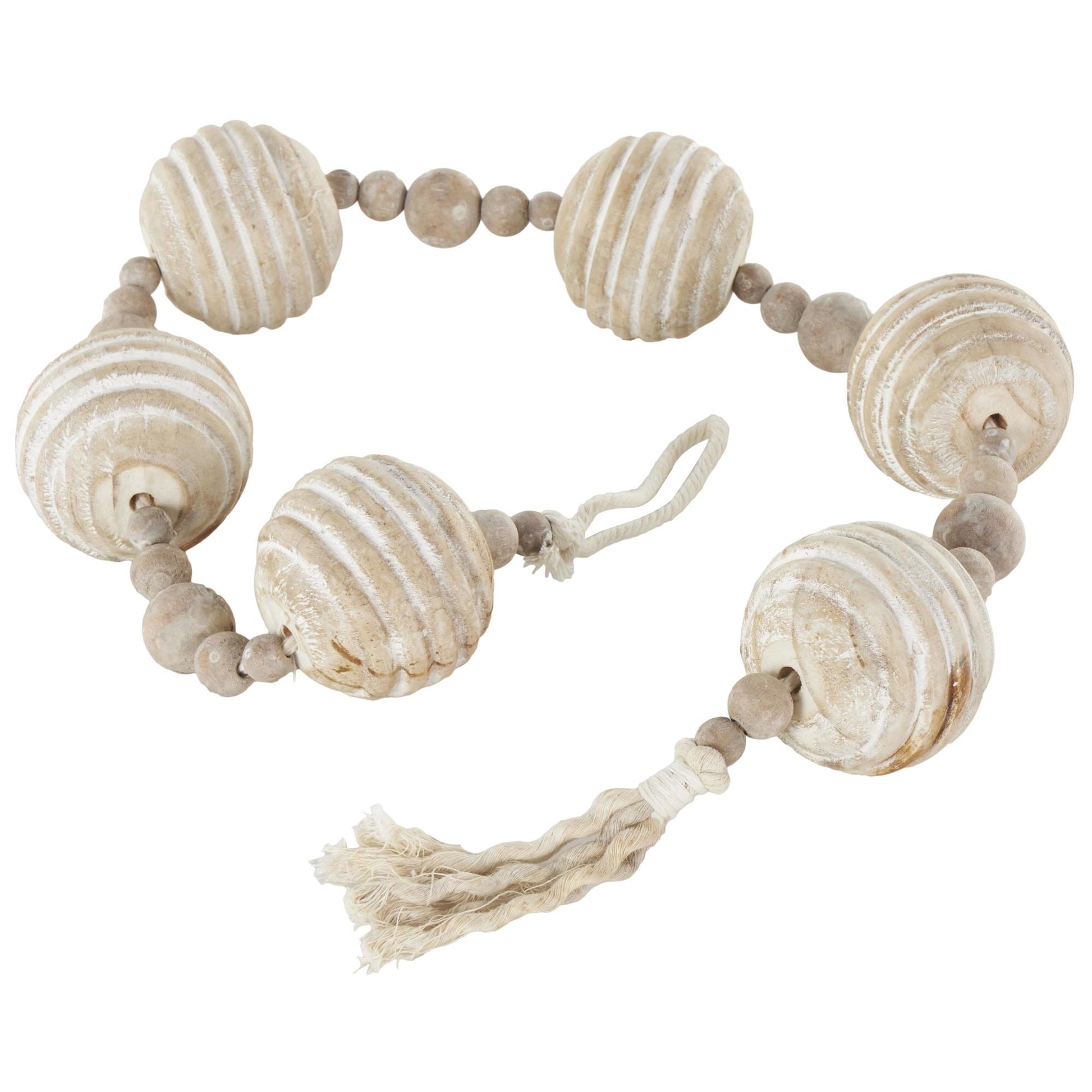 Geometric Cream Wood Handmade Ribbed Beaded Garland with Tassel with White Rope