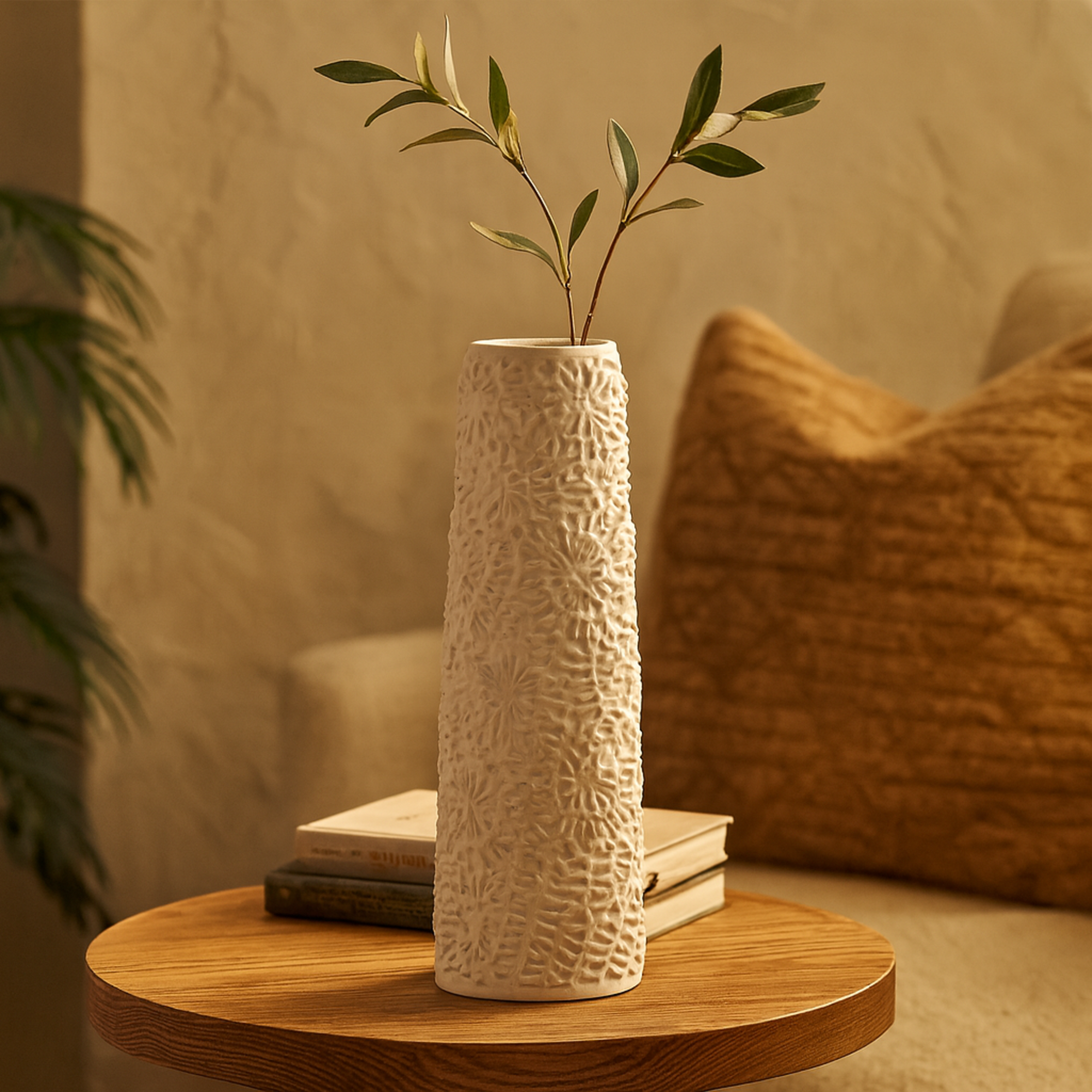 Leaf White Ceramic Embossed Decorative Vase