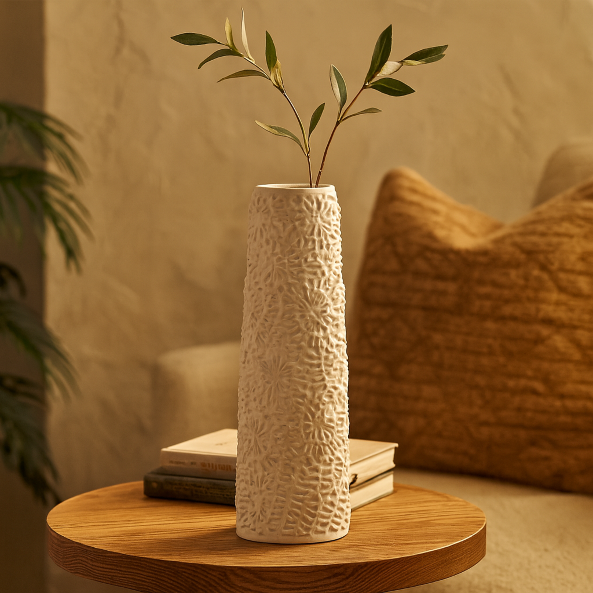 Leaf White Ceramic Embossed Decorative Vase