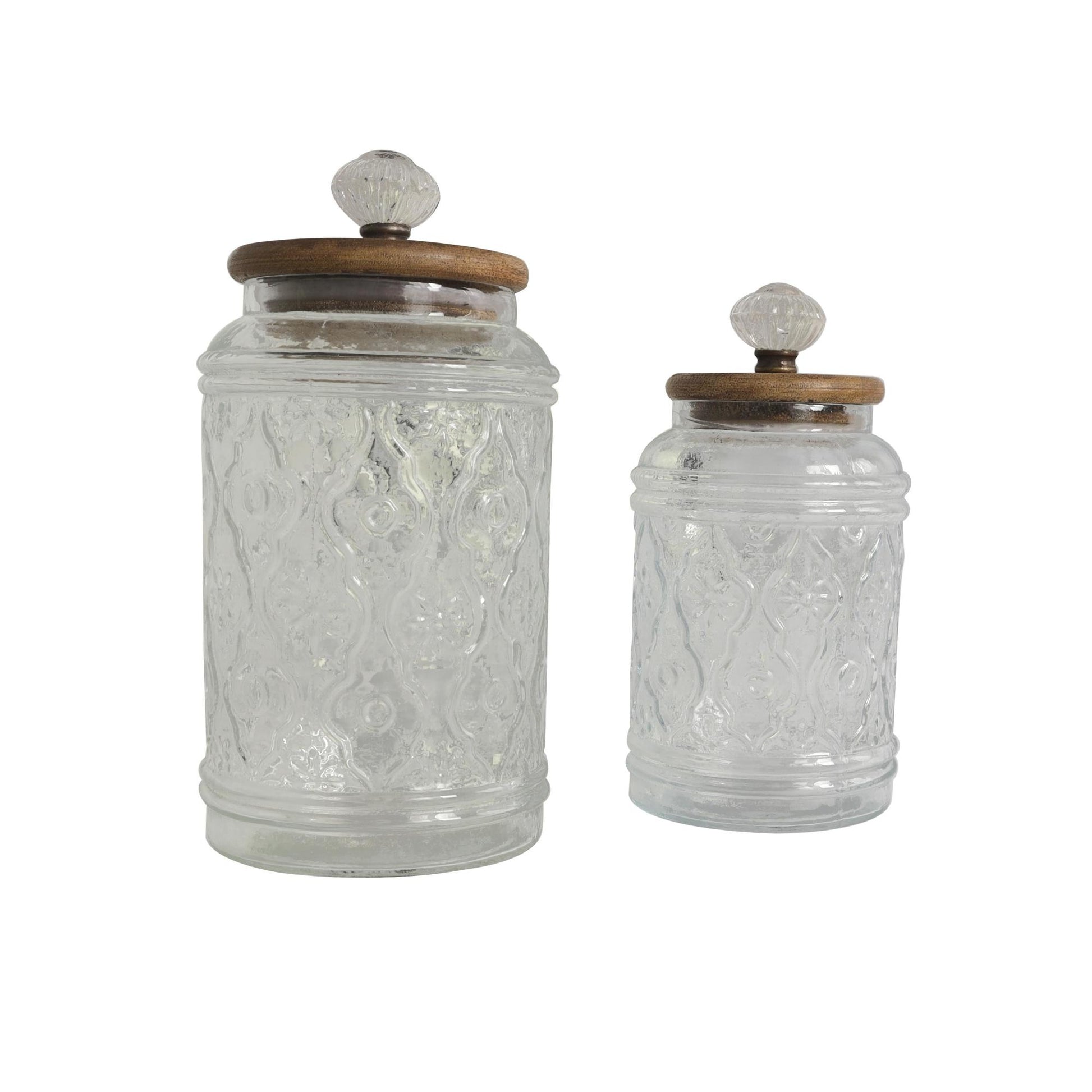Set of 2 Floral Clear Glass Living Room Decorative Jars with Brown Wooden Lids and Antique Style Knobs