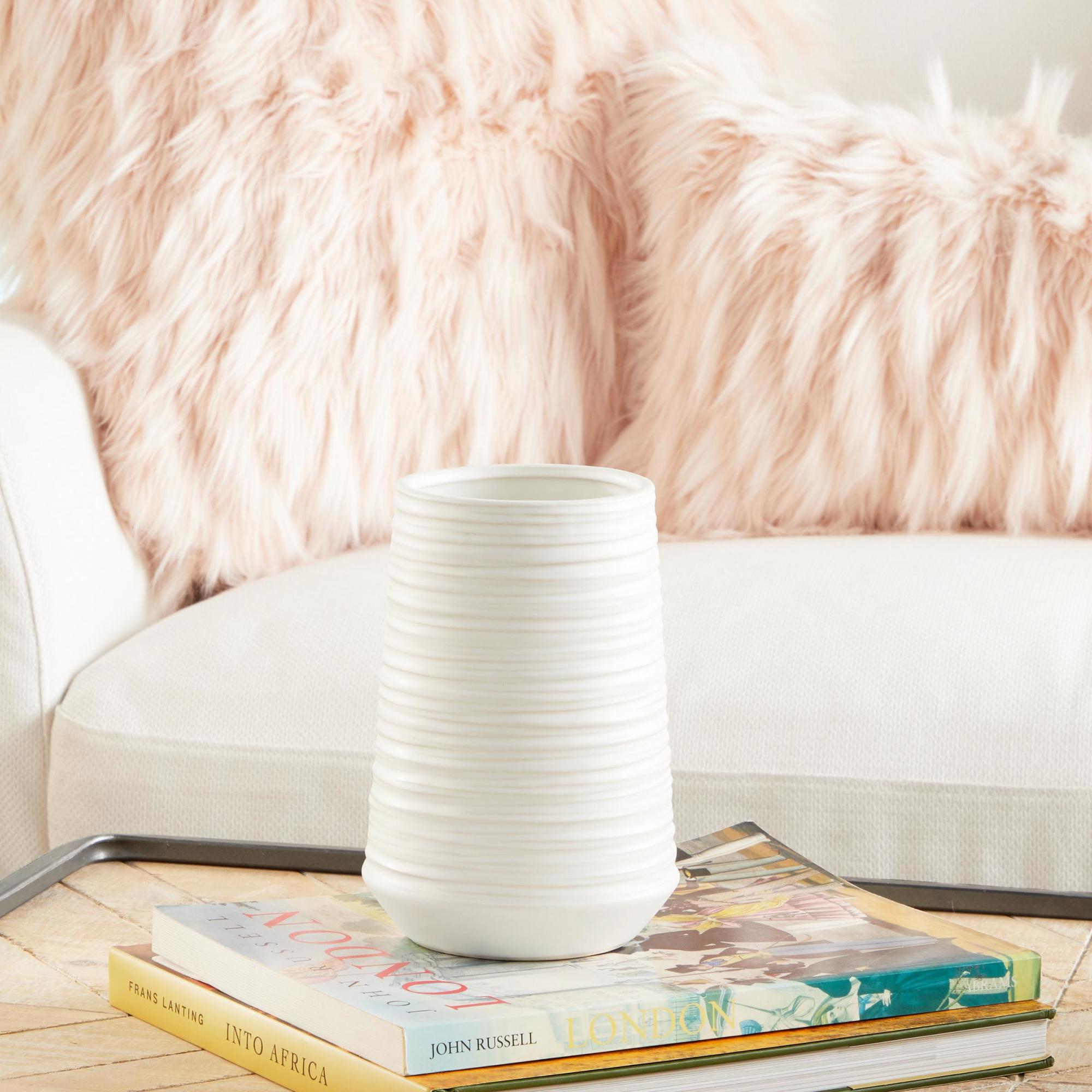 CosmoLiving by Cosmopolitan White Porcelain Ceramic Ribbed Decorative Vase