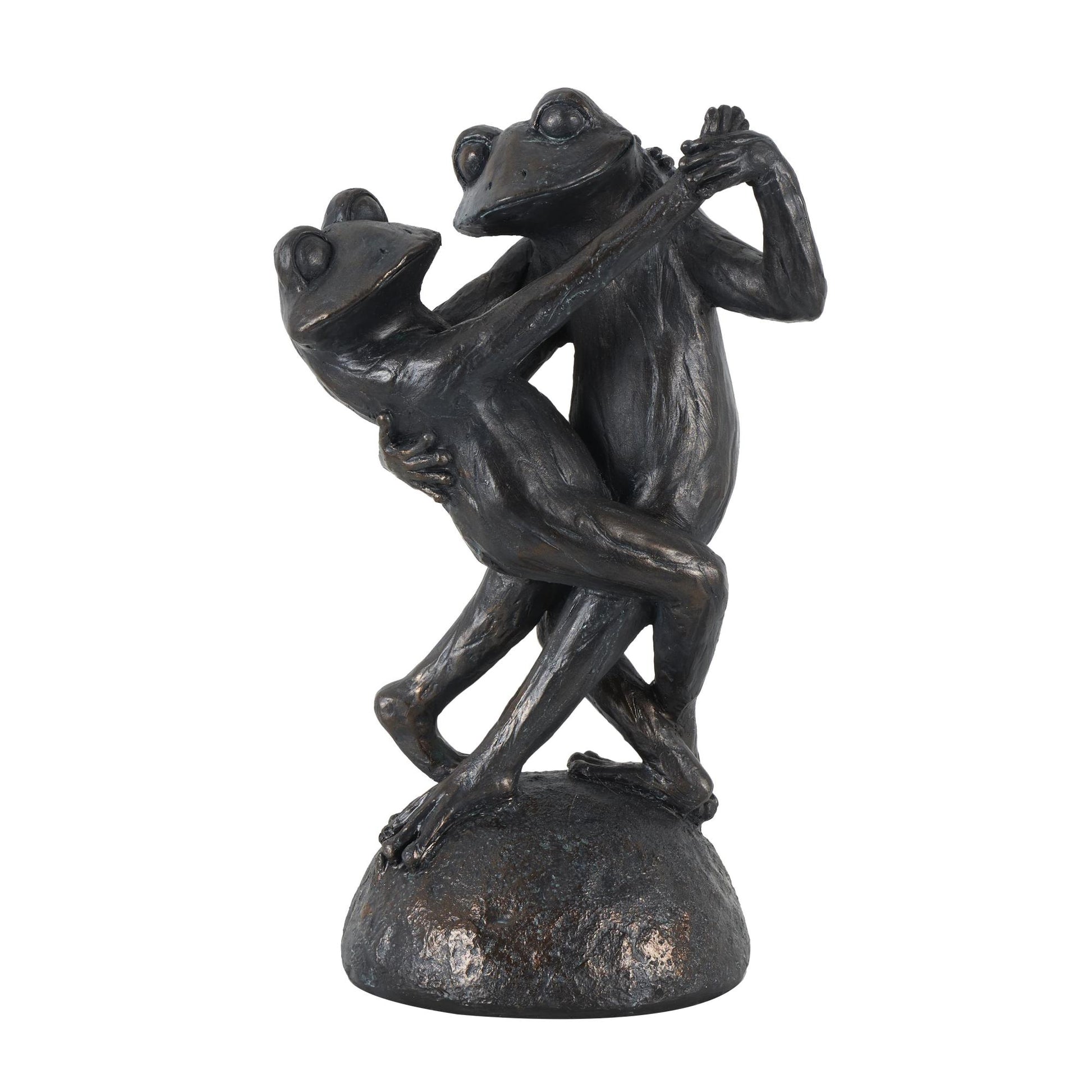 Frog Bronze Resin Patina Dancing Decorative Sculpture with Rock Base