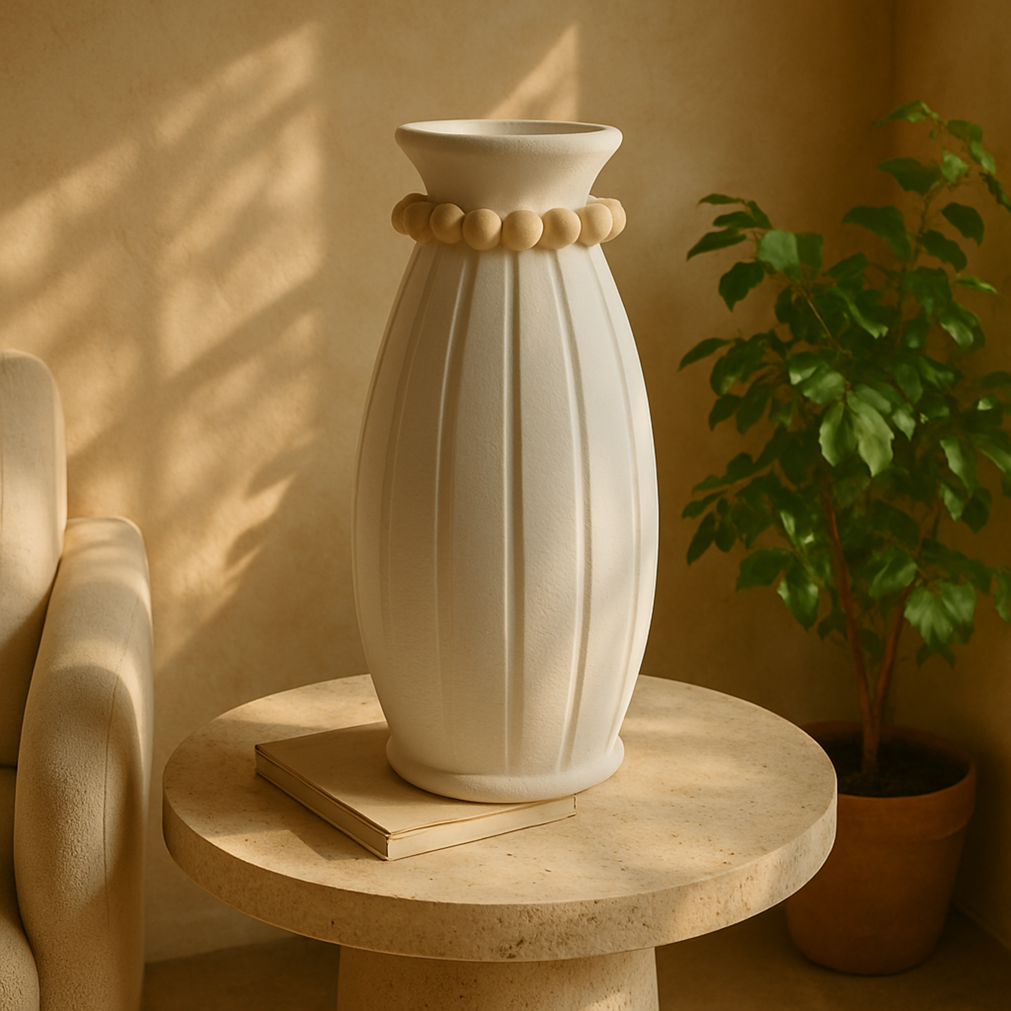 White Magnesium Oxide Decorative Vase with Light Brown Beads and Carved Grooves