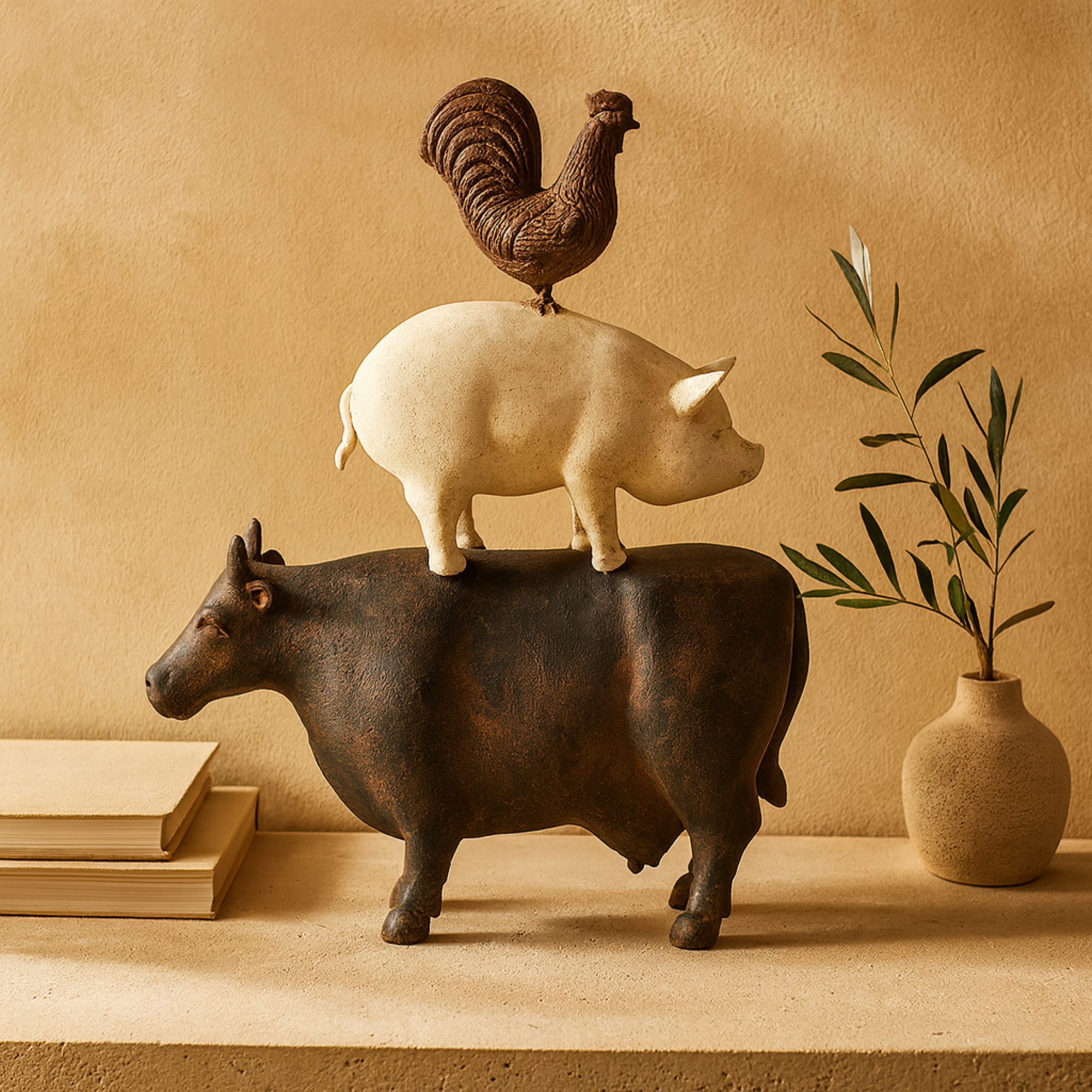 Farm Animals Brown Polystone Stacked Decorative Sculpture with Cream Accent