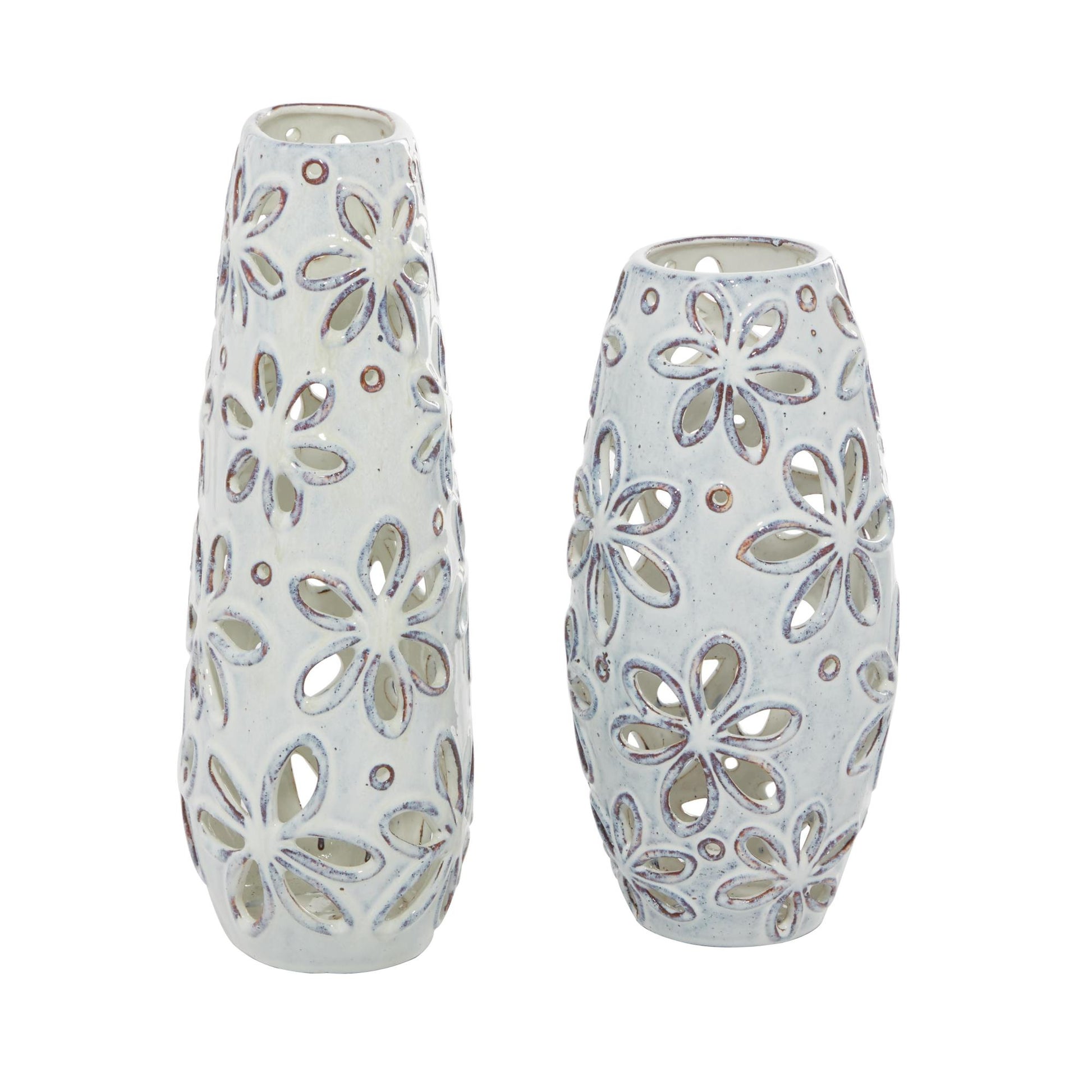 Set of 2 Floral White Ceramic Handmade Daisy Cut Out Decorative Vase