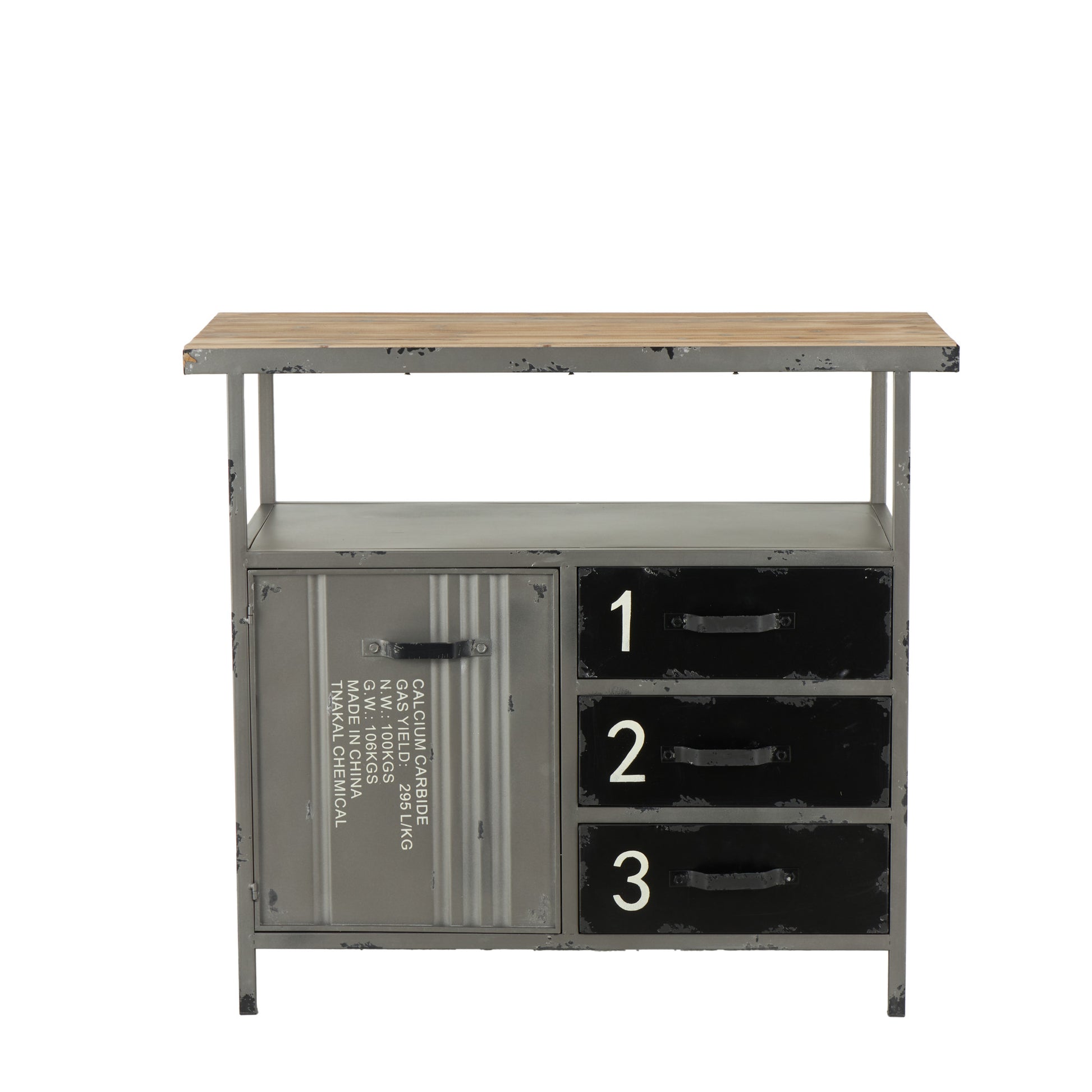 Gray Metal Army Surplus Style 1 Door and 3 Drawer Room Cabinet with Numbers and Text