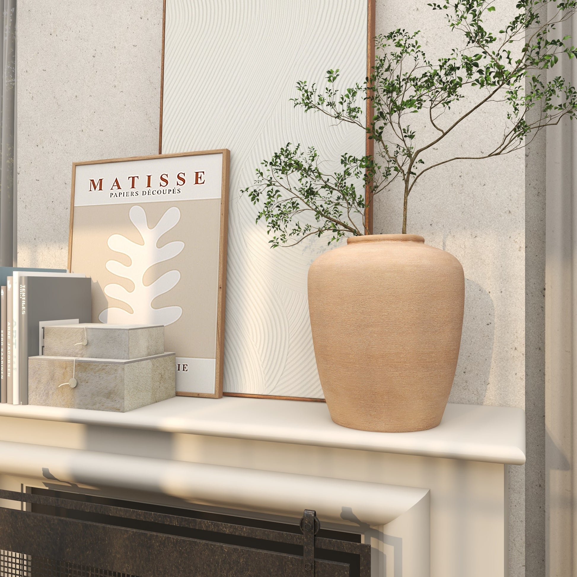 Beige Ceramic Wide Textured Decorative Vase