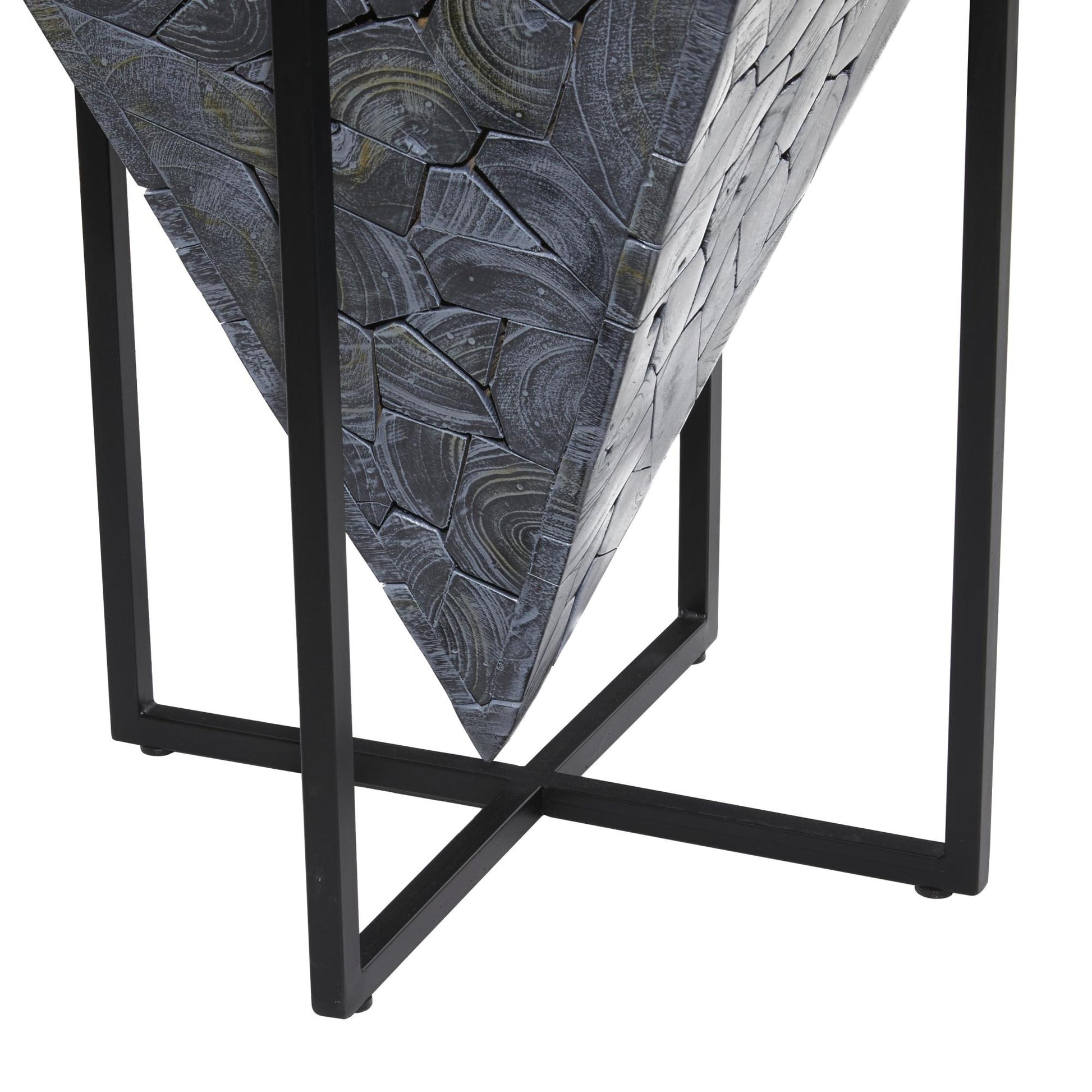 Geometric Teak Wood Handmade Inverted Pyramid Side End Accent Table with Black Metal Base 17" x 17" x 22"