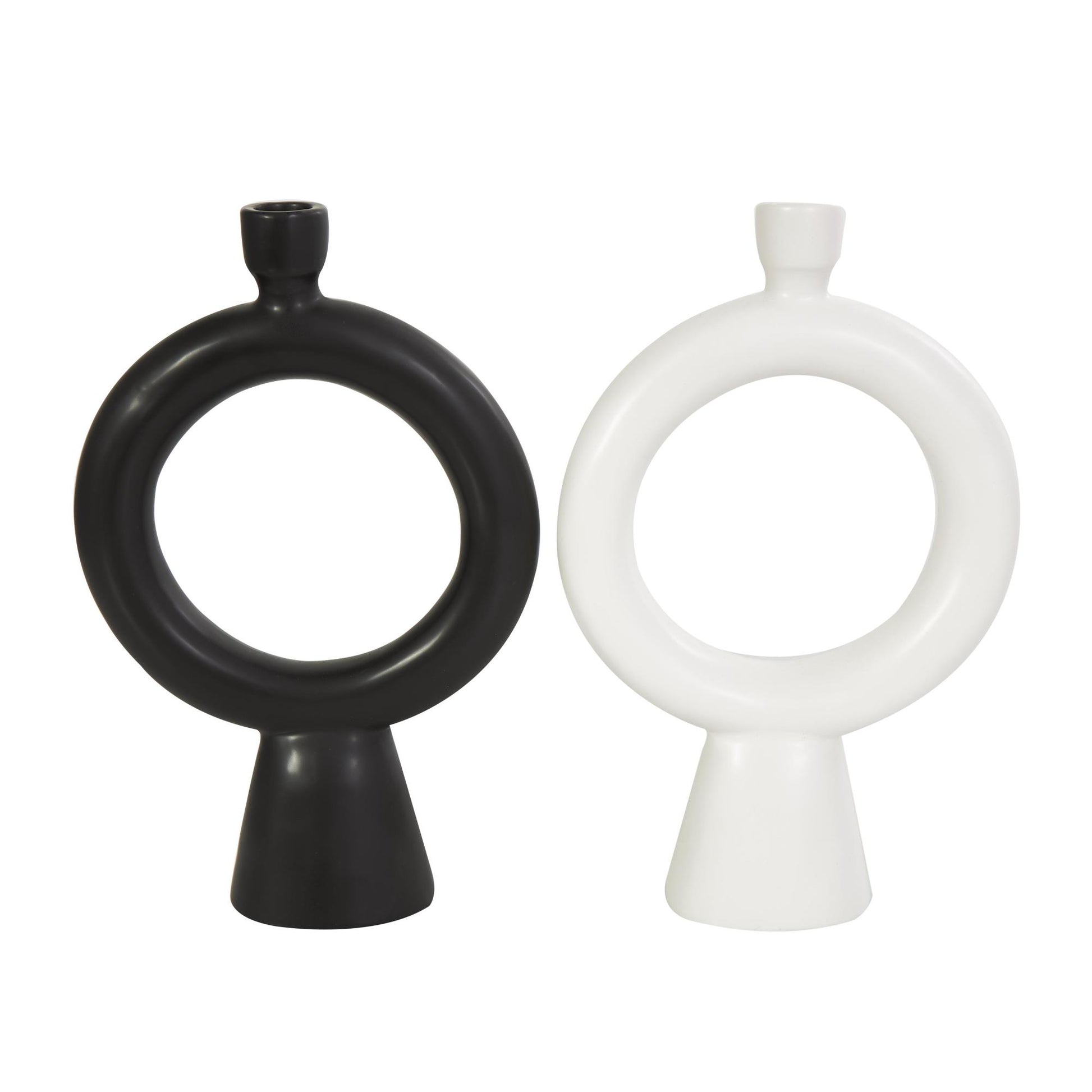 CosmoLiving by Cosmopolitan Set of 2 Geometric Black Ceramic Ring Decorative Candle Holder