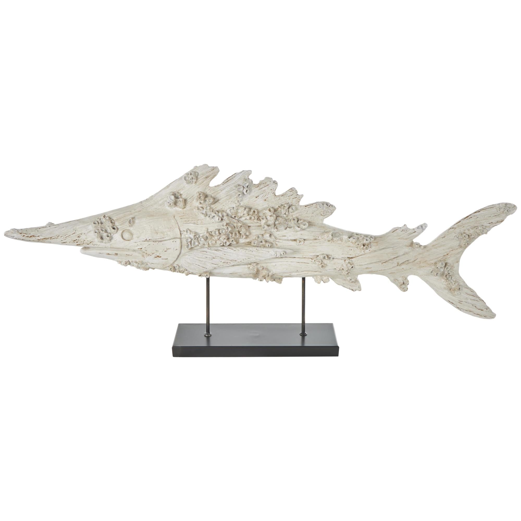 Fish Cream Polystone Textured Decorative Sculpture with Brown Distressing and Black Metal Stand