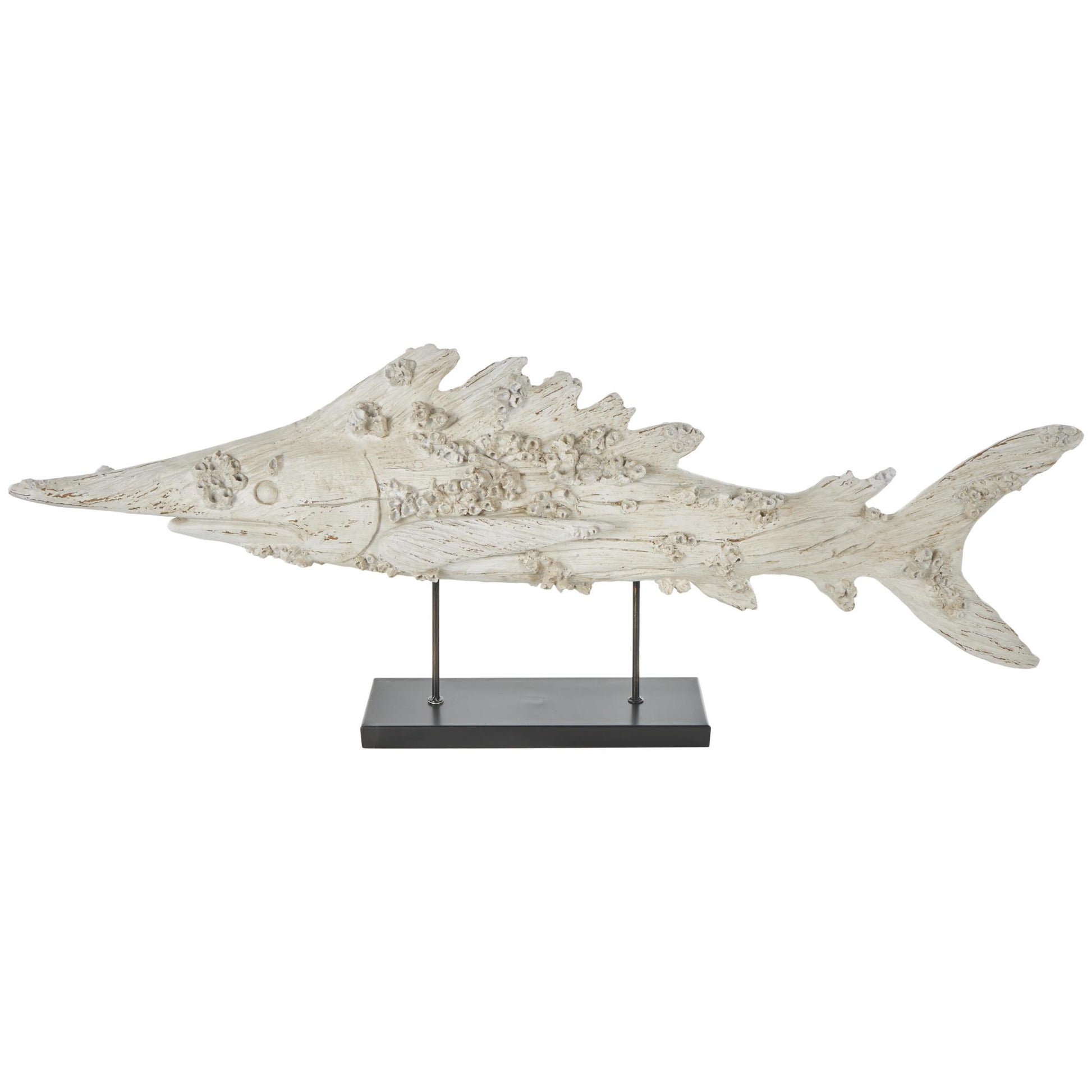 Fish Cream Polystone Textured Decorative Sculpture with Brown Distressing and Black Metal Stand