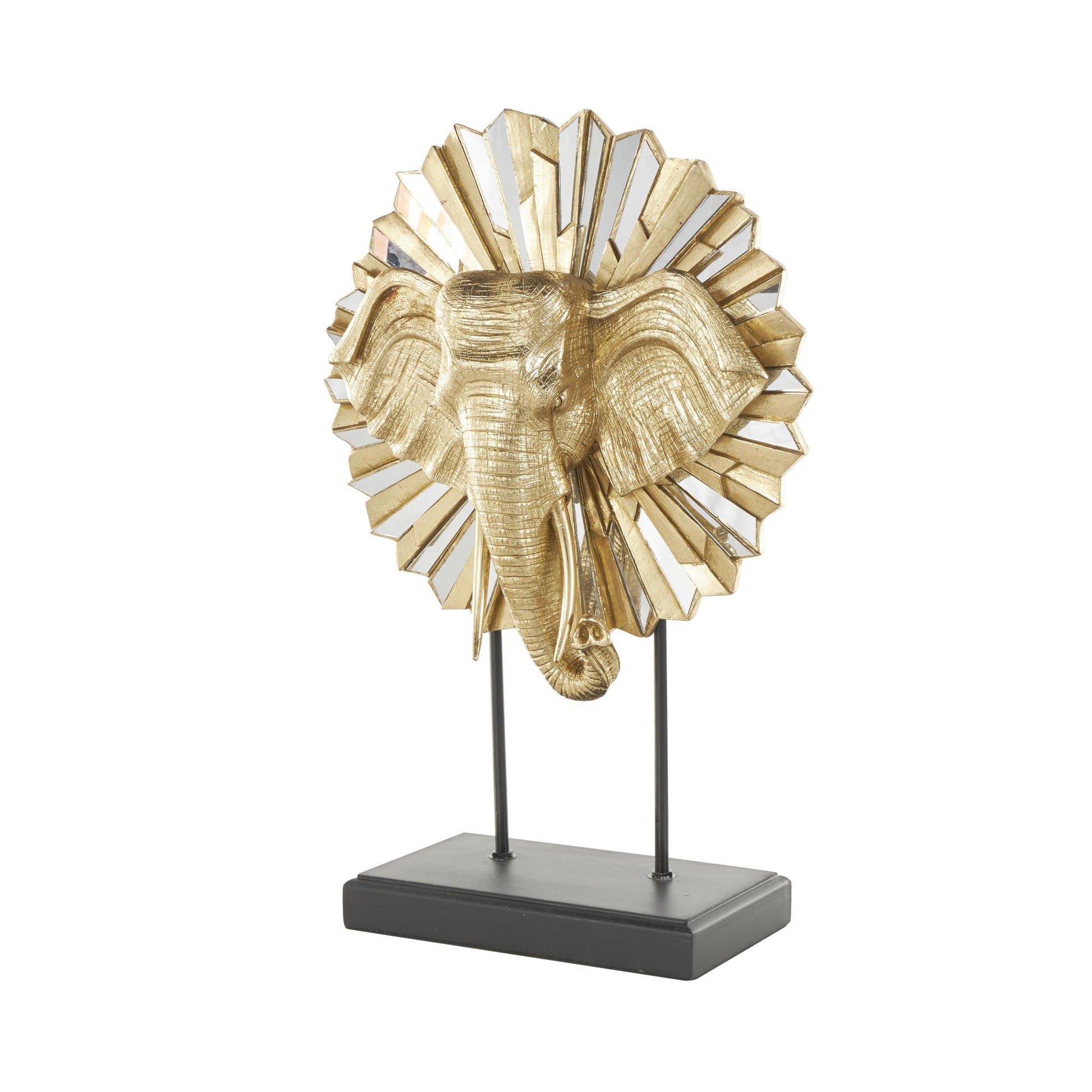 Elephant Gold Resin Decorative Sculpture with Mirrored Sunburst Accent and Black Stand