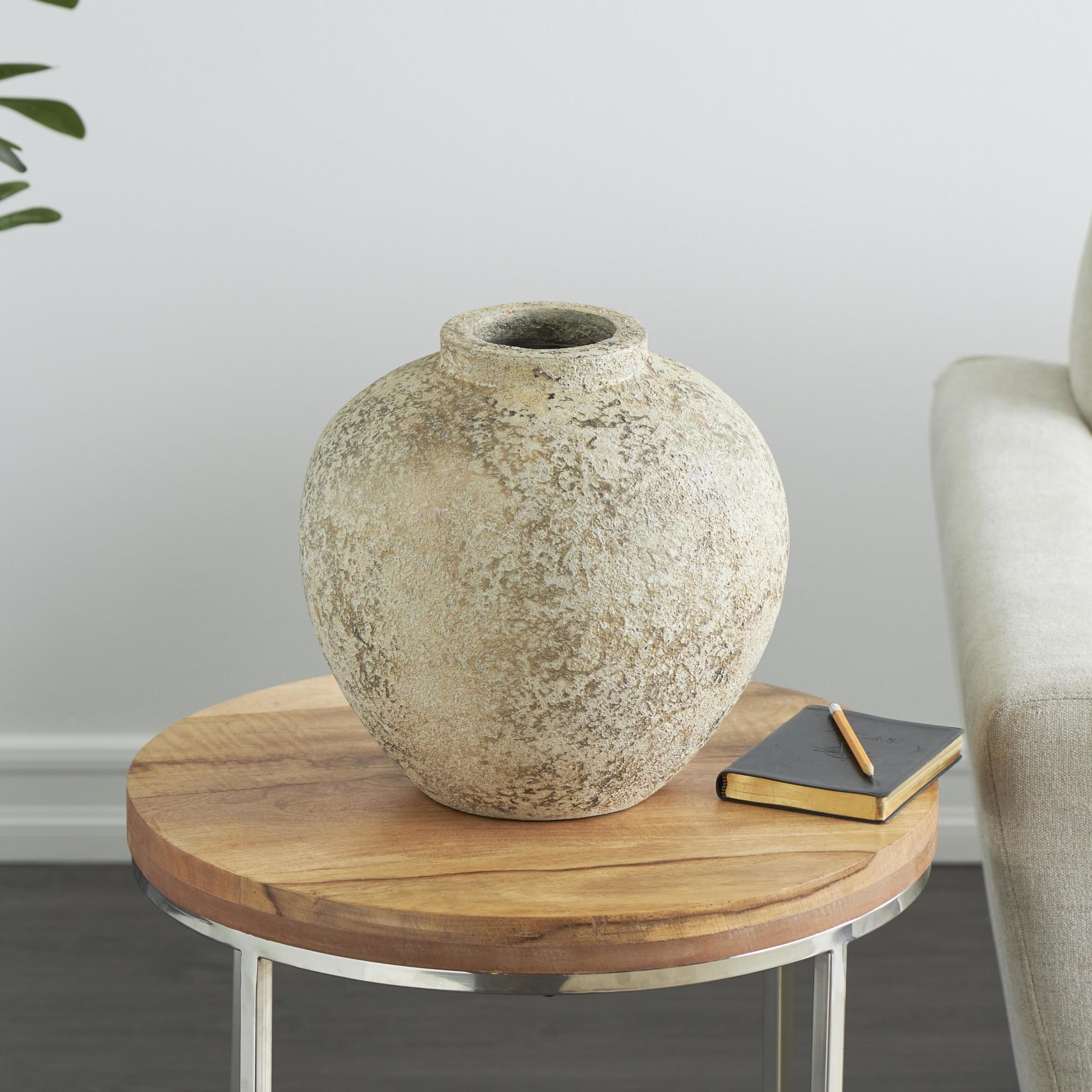 Cream Ceramic Handmade Antique Style Round Decorative Vase with Textured Distressing