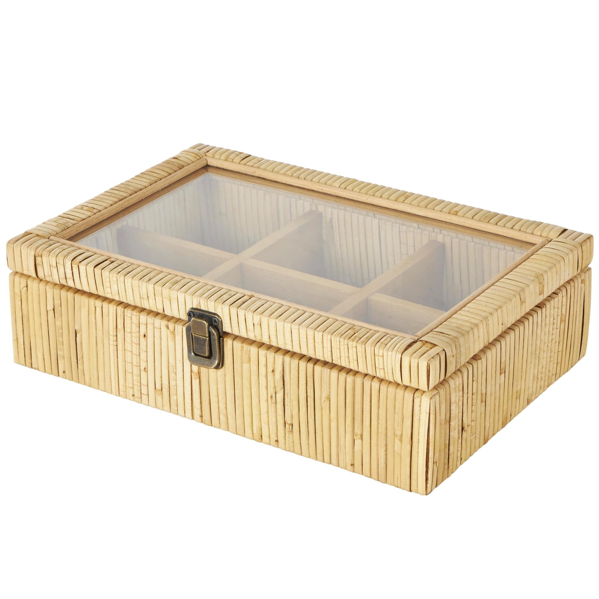 Brown Rattan Handmade Wrapped 6 Slot Decorative Jewelry Box with Tempered Glass Top