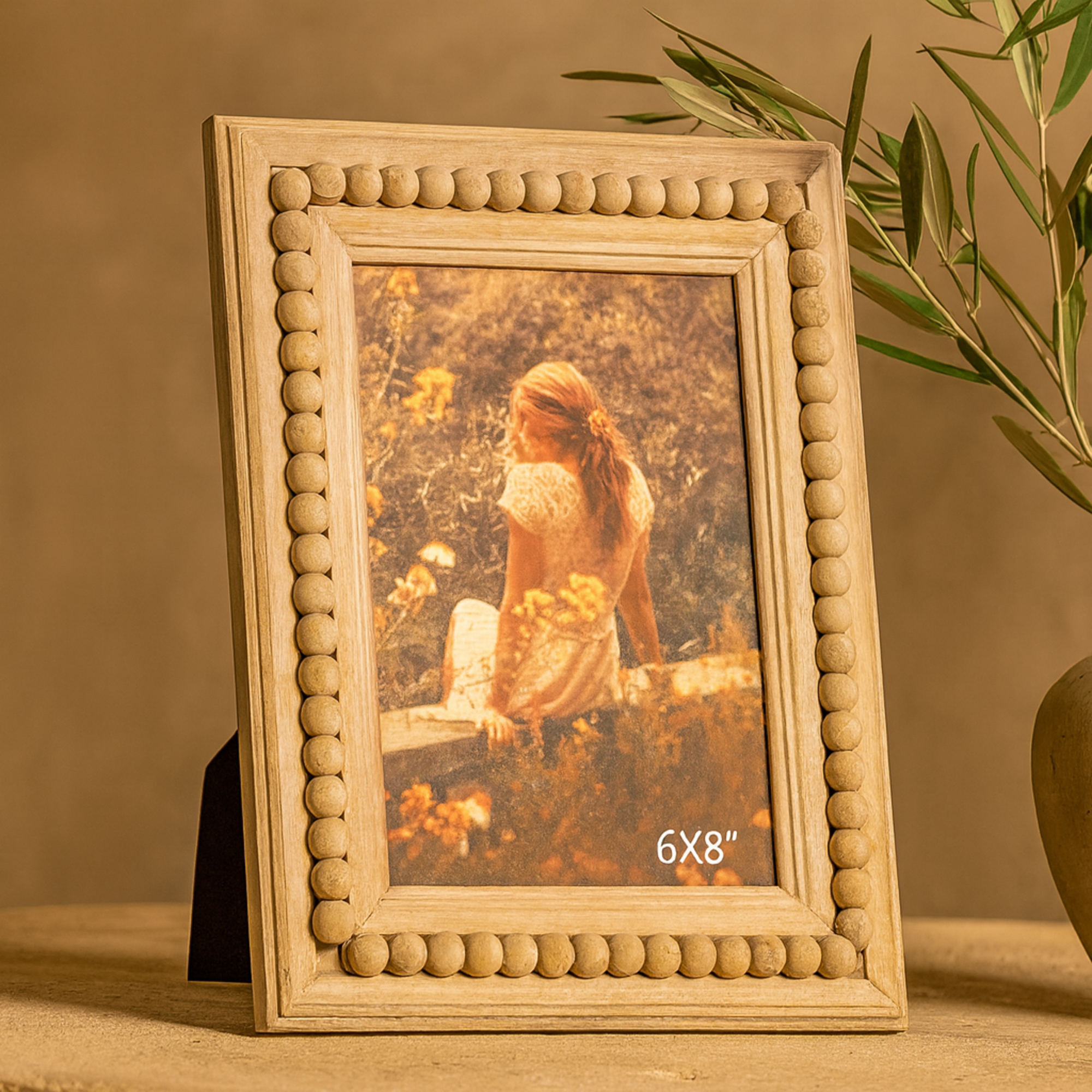 Light Brown Wood Beaded 1 Slot Ornate Photo Frame