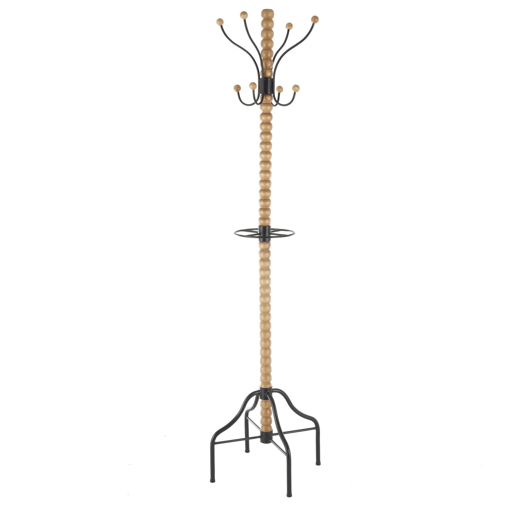 Brown Wood Spindle 8 Hook Freestanding Coat Rack with Black Metal Accents and Beaded Ends