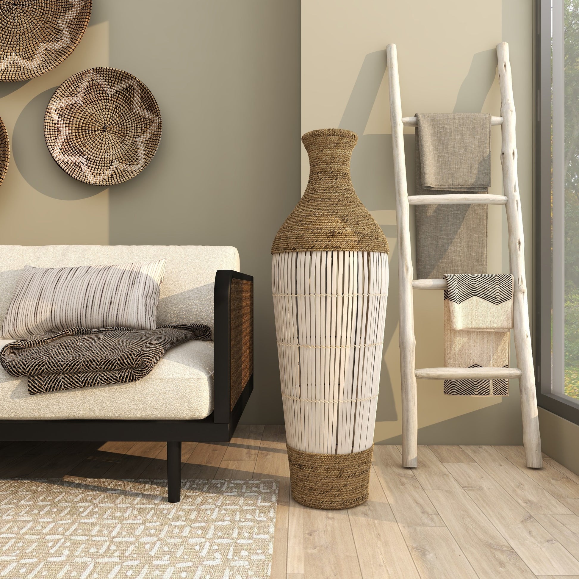 Brown Seagrass Handmade Wrapped Tall Decorative Vase with Cream Slatted Bamboo Center