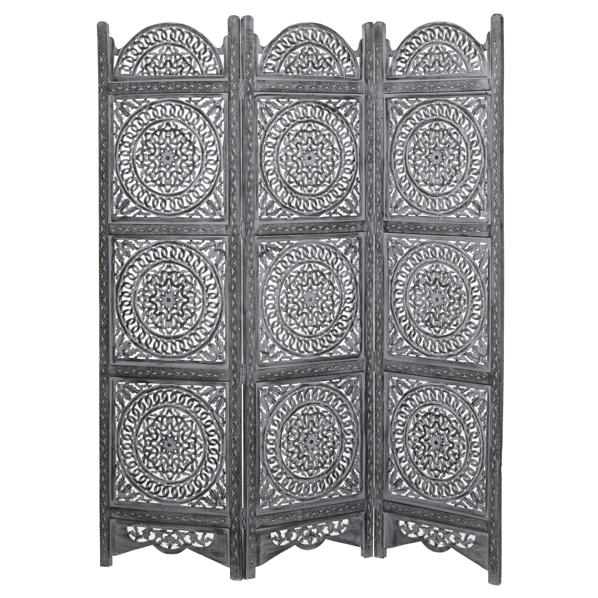 Floral Black Wood Handmade Foldable Partition 3 Panel Partition Room Divider Screen with Carved Designs