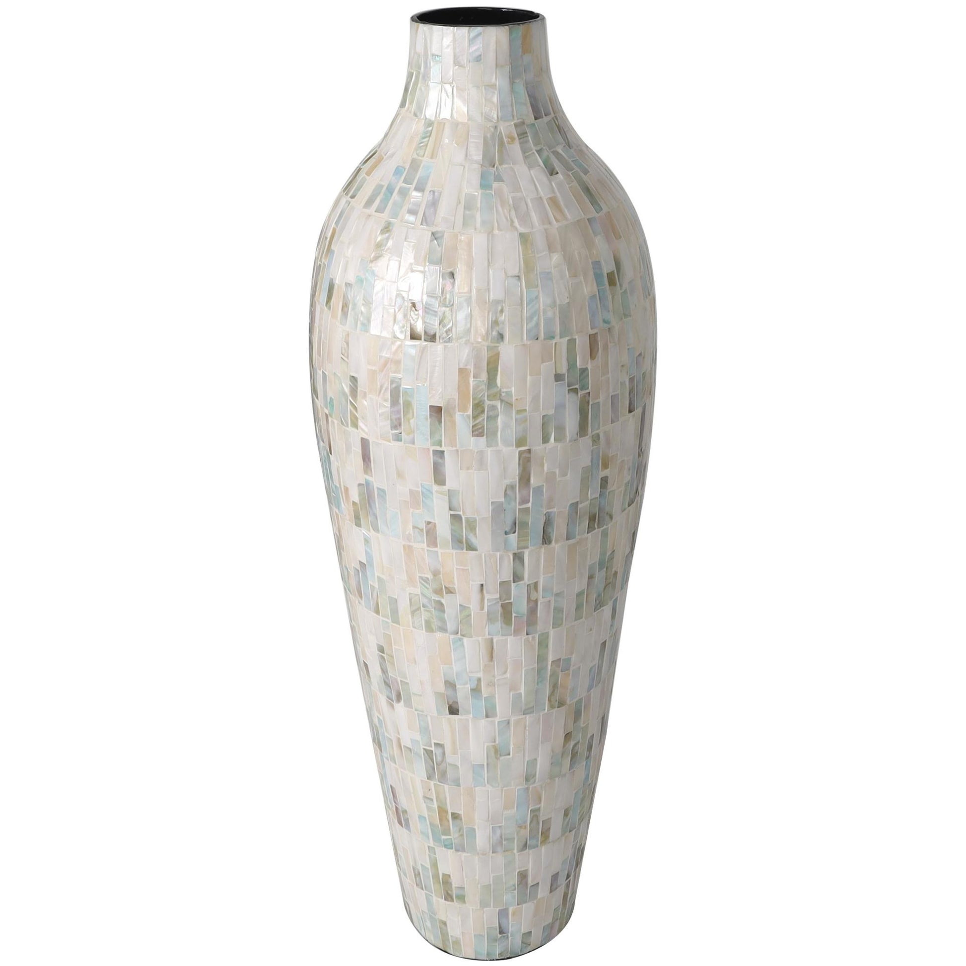 White Mother of Pearl Shell Handmade Mosaic Inspired Decorative Vase with Pastel Blue and Pink Accents
