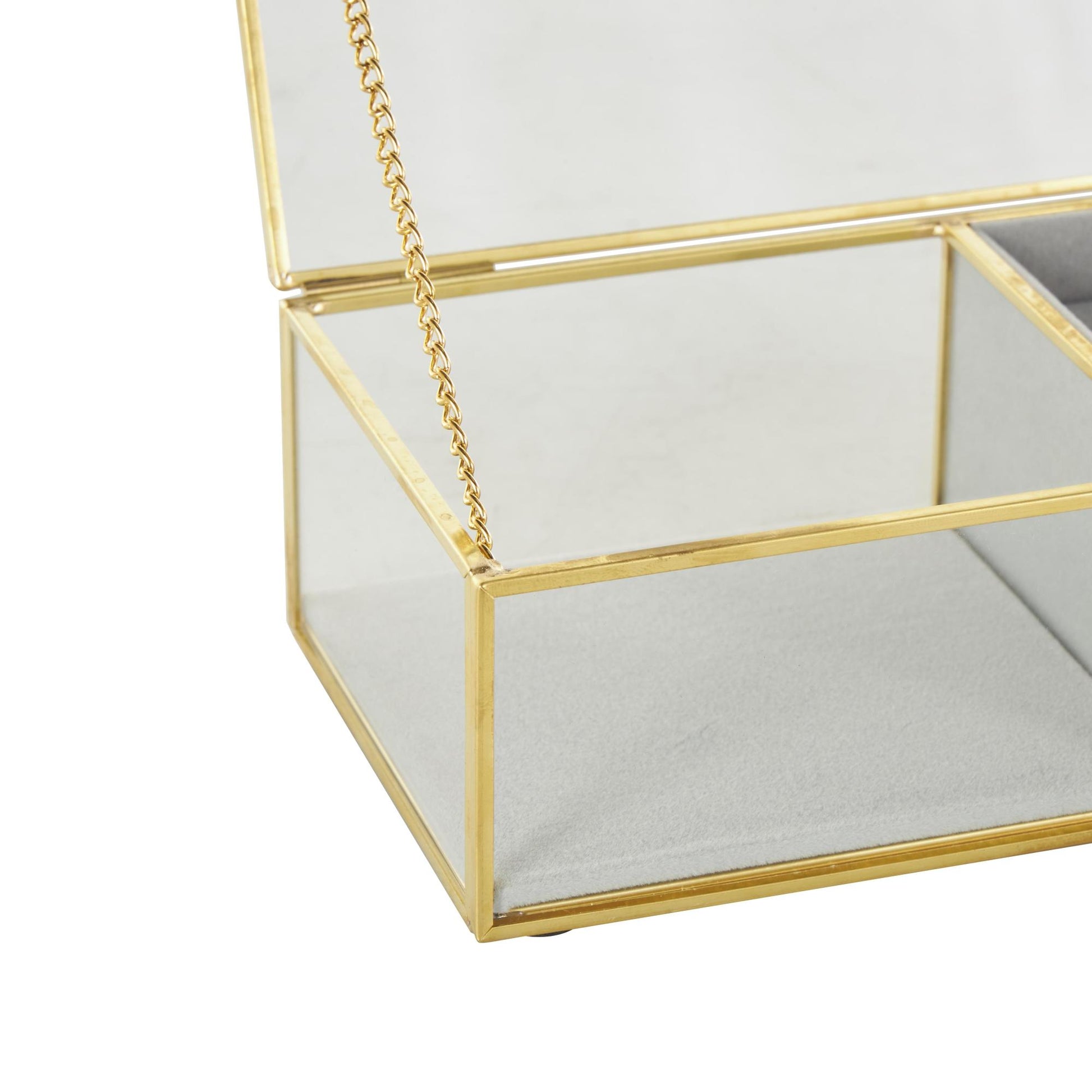 Clear Glass Decorative Jewelry Box with Gold Metal Frame and Gray Fabric Interior with Ring Slots